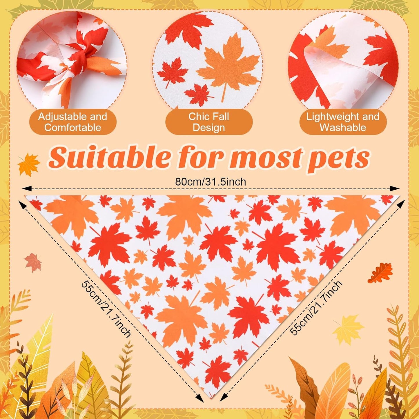 Chunful 100 Pieces Fall Dog Bandanas Bulk Autumn Pet Bandanas with Maple Leaves Patterns Triangle Scarf Bib Kerchief Set for Small Large Dog Thanksgiving Costume Accessories (31.5 x 21.7 x 21.7)