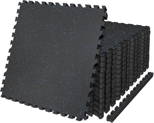 AIRHOP 0.79in Thick 48 Sq Ft Exercise Equipment Mats, 12 Tiles Upgraded Rubber Top with High Density EVA Foam, Large Interlocking Puzzle Gym Flooring for Home Gym, Heavy Weight Workout,Black & Blue