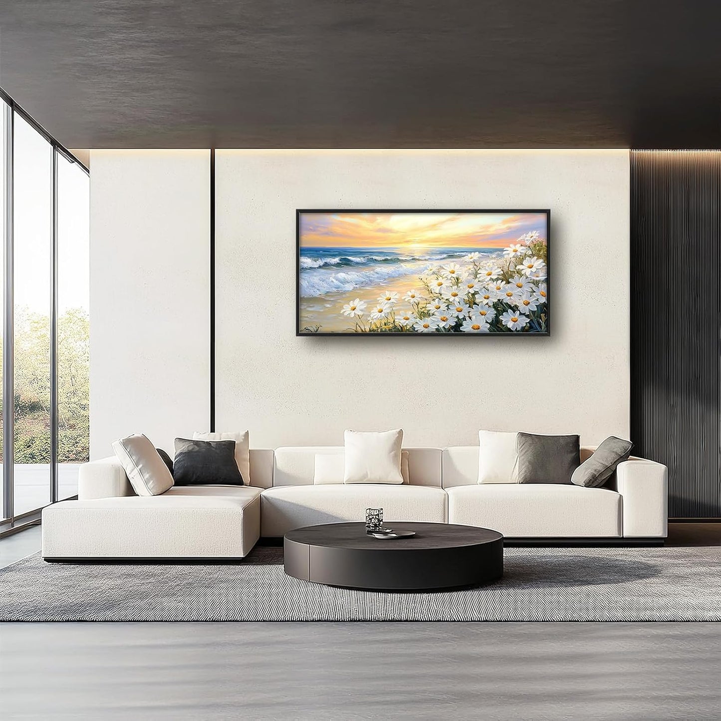 Large Beach Daisy Wall Art, Framed Coastal Beach Wall Decor for Living Room, Oversized Sunrise Canvas Painting Seascape Pictures Home Decoration for Living Room Bedroom Office 60"x30"