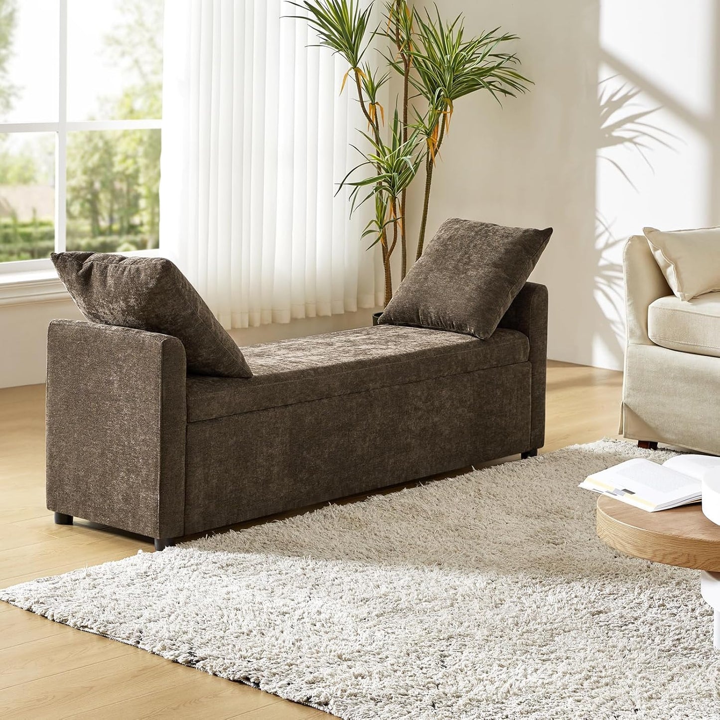 HULALA HOME Modern Storage Bench with Throw Pillows, 59.4" Extra Long Bedroom Ottoman Bench for End of Bed, Comfy Upholstered Footstool for Entryway Living Room Dining Room, Taupe