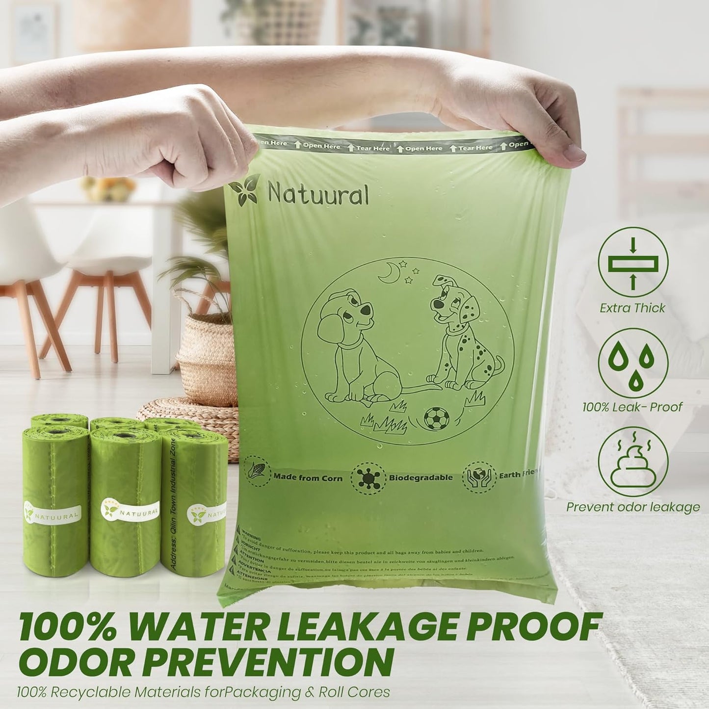 Poop Bags for Dogs-1050 Counts, 70 Rolls With a Free Dispensers, Doggie Poop Bags Made of Cornstarch, Extra Thick and 100% Leak Proof (Green)