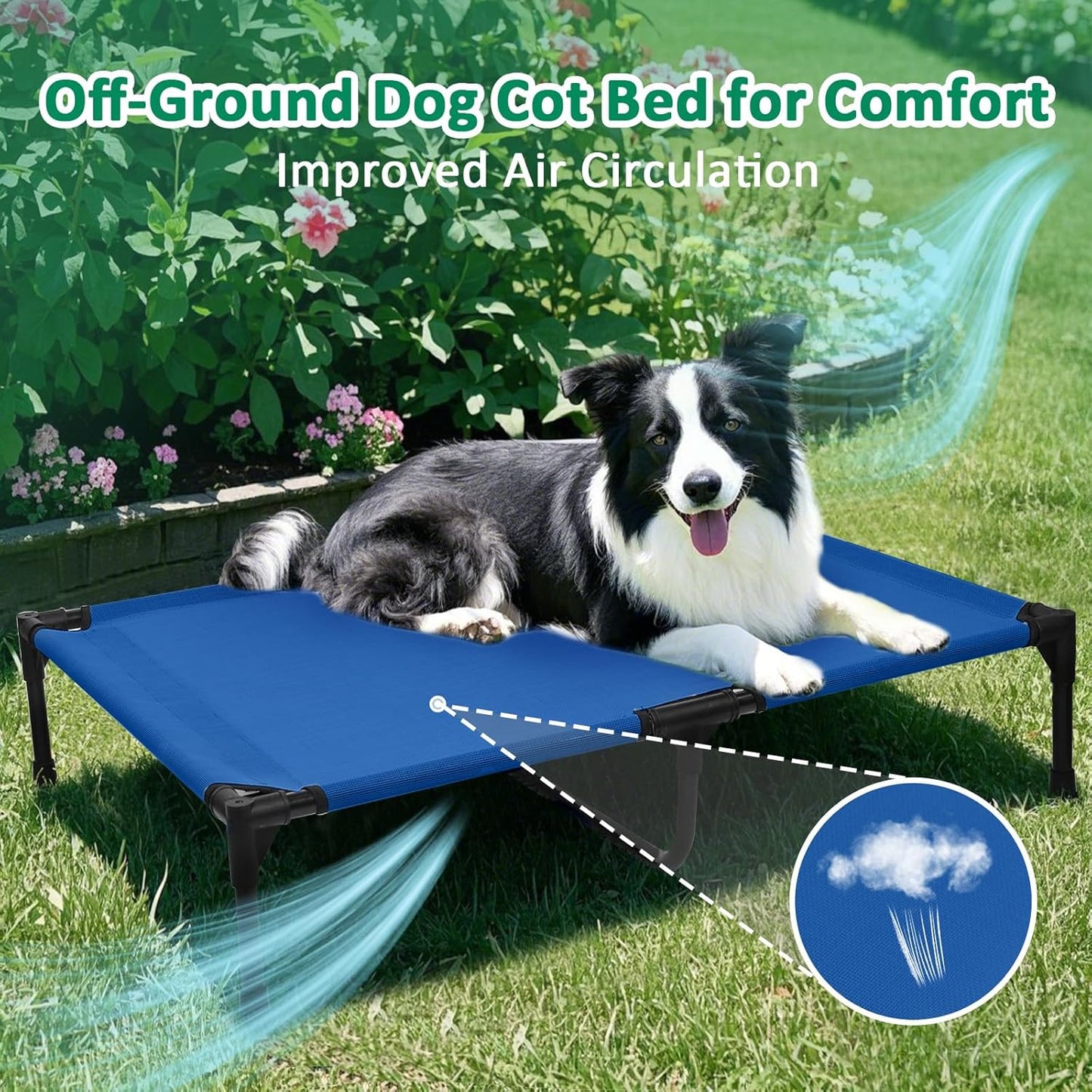 Outdoor Dog Beds Large Sized Dogs, Cooling Elevated Dog Bed with Breathable Mesh & Non Slip Feet, Raised Pet Bed Off The Ground, Lifted Place Cot (L, Blue)