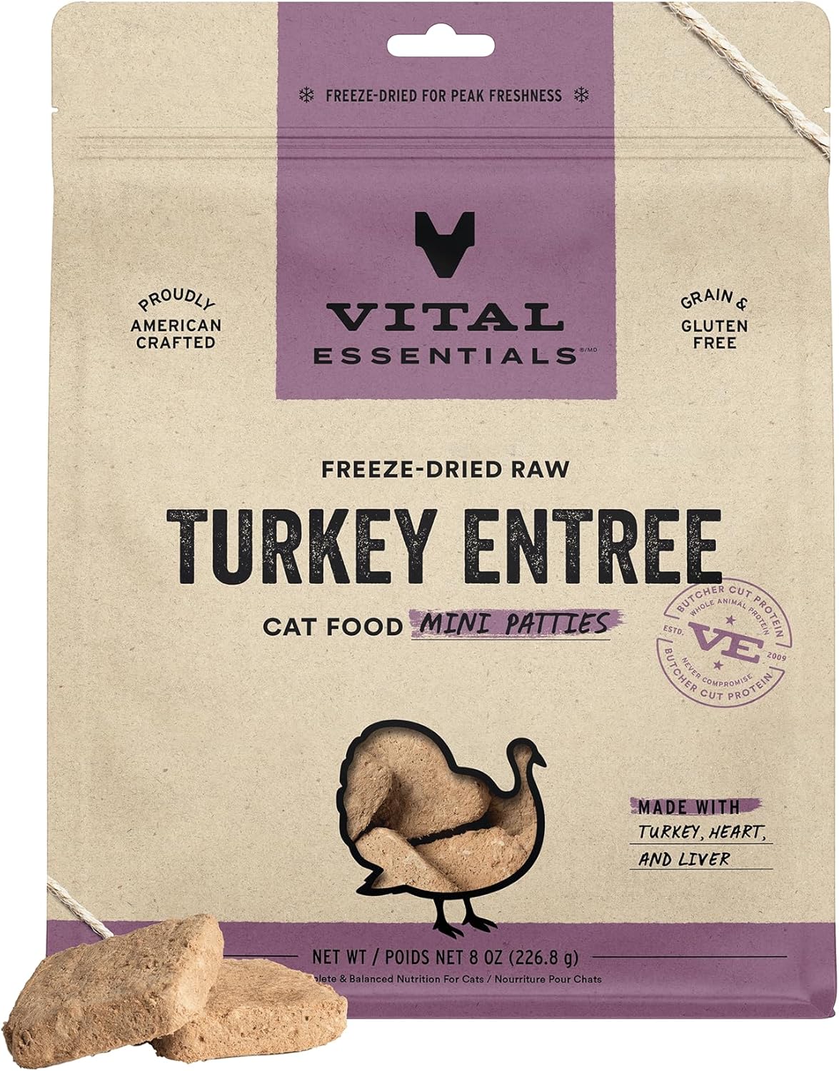 Vital Essentials Freeze Dried Raw Cat Food, Turkey Mini Patties Entree, 8 oz