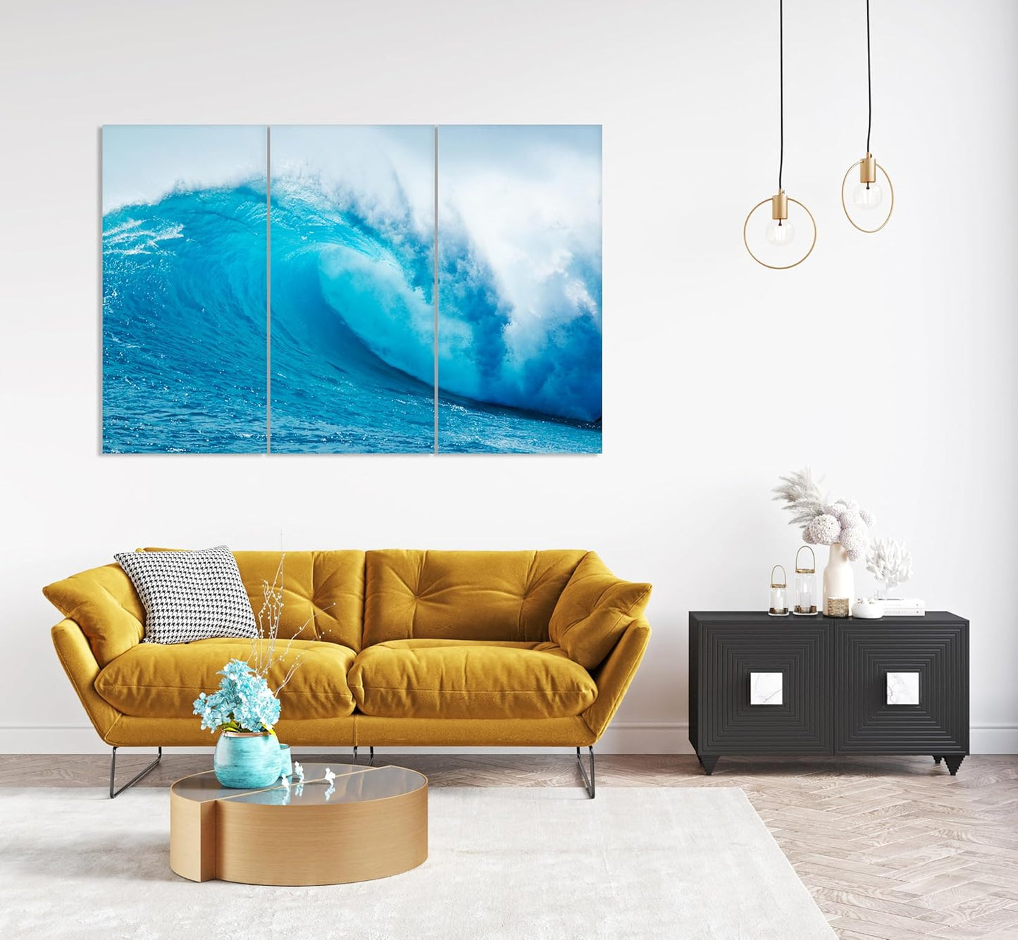 Nature Wall Art Prints - Ocean Forest Mountain Lake Canvas Landscapes - Small to Extra Large Living Room Bedroom Kitchen Bathroom Décor (Blue Ocean Wave, 39L" x 59W" - 3 Panels)