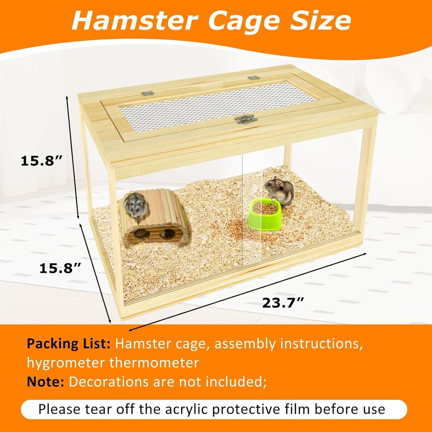 24" Hamster Cage, Lockable Sliding Door Gerbil Cage, Dwarf Hamster Cage with Metal Mesh Roof, Mice and Small Animal Habitat, Chewproof Syrian Hamster Enclosure, (Wooden, 24" L x 16" W x 16" H)