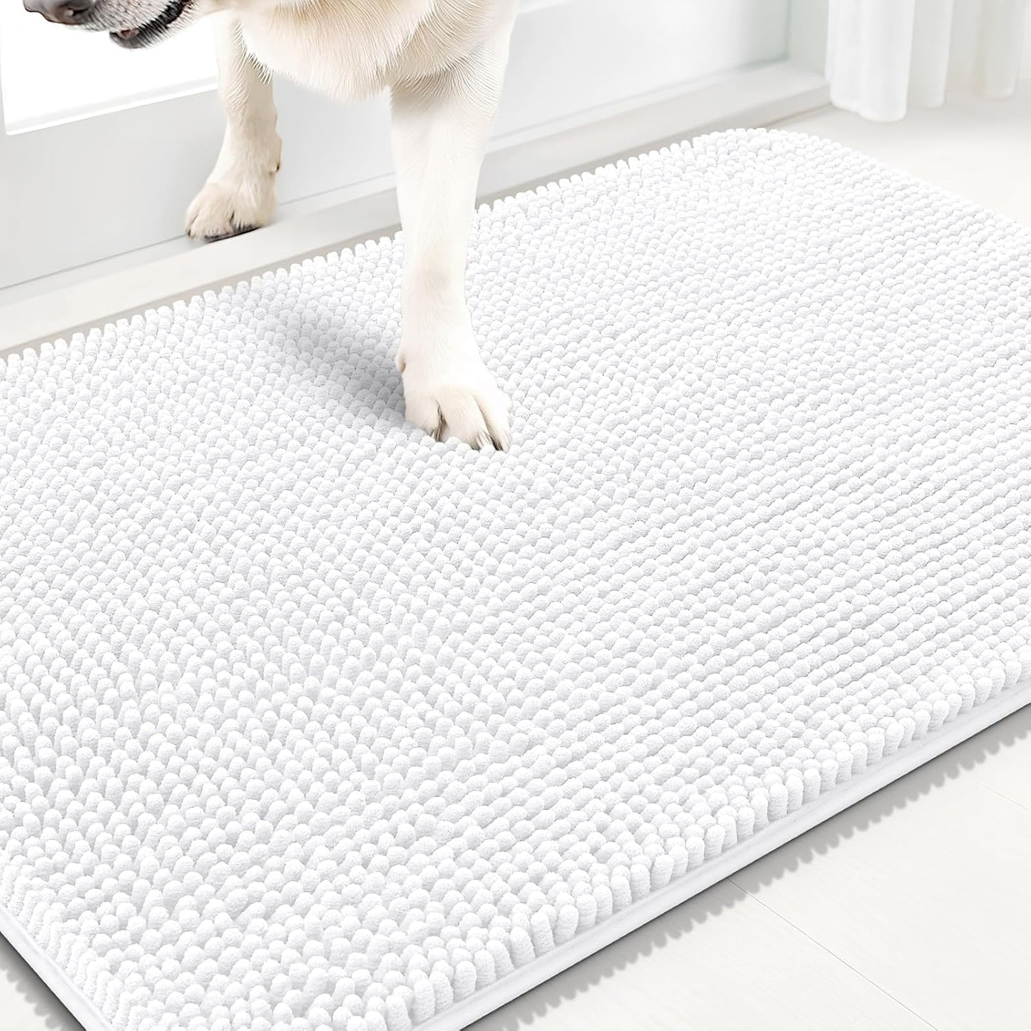 OLANLY Dog Door Mat for Muddy Paws 36x24, Absorbs Moisture and Dirt, Absorbent Non-Slip Washable Doormat, Quick Dry Chenille Mud Mat for Dogs, Entry Indoor Entryway Carpet for Inside Floor, White