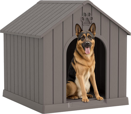 Large Dog House Outdoor Indoor for Medium Large Dogs, Durable Plastic Waterproof Doghouse with Air Vents and Elevated Floor, Easy Clean and Assemble (Grey, 36.2''L×38''W×38''H)