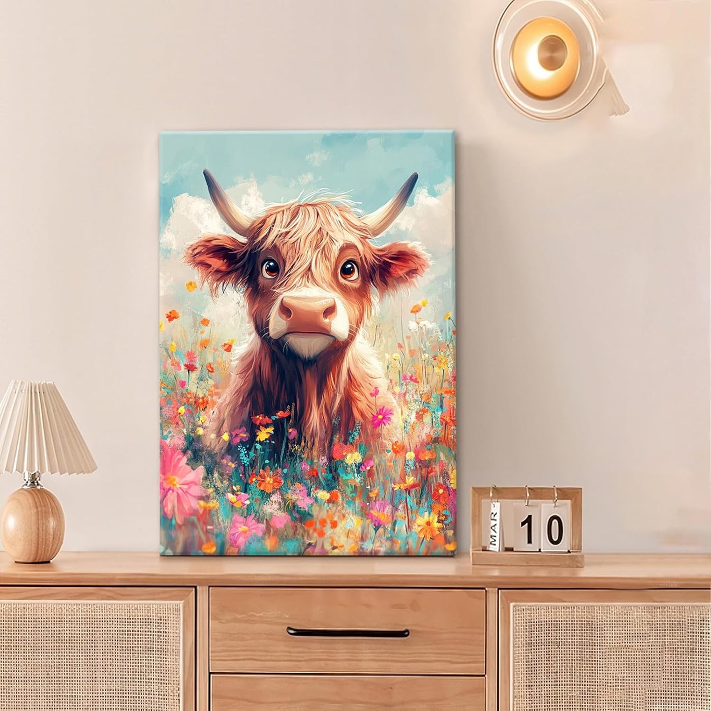 Highland Cow Wall Art Canvas Flower Cattle Wall Decor Prints Framed Painting Animal Pictures Gifts Artwork for Bathroom Living Dining Kitchen 16"x24"