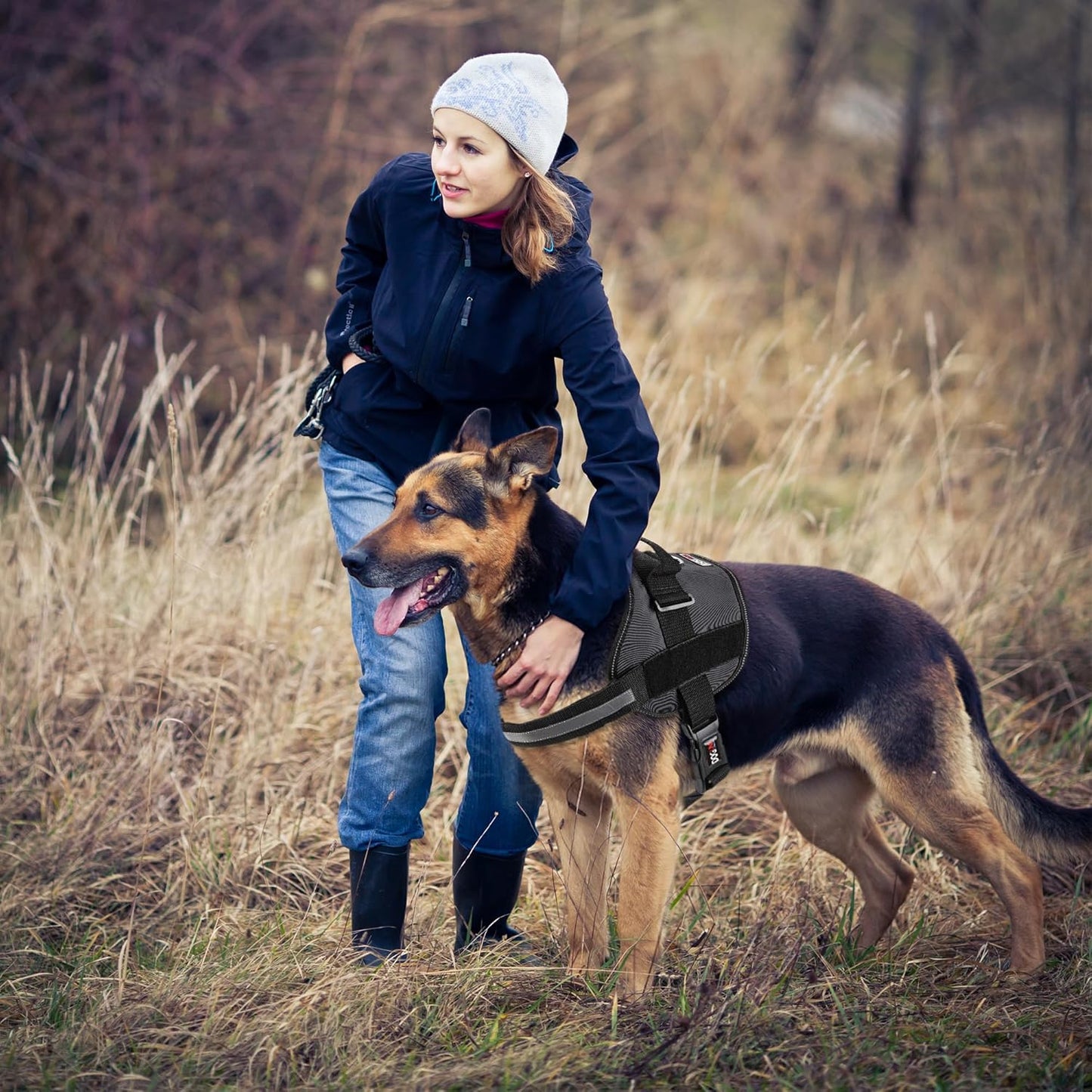 Dogline Dog Harness, Reflective No-Pull Adjustable Vest with Handle for Walking, Training, Breathable, No - Choke Harness for Small, Medium or Large Dogs Room for Patches Girth 15 to 18 in Black
