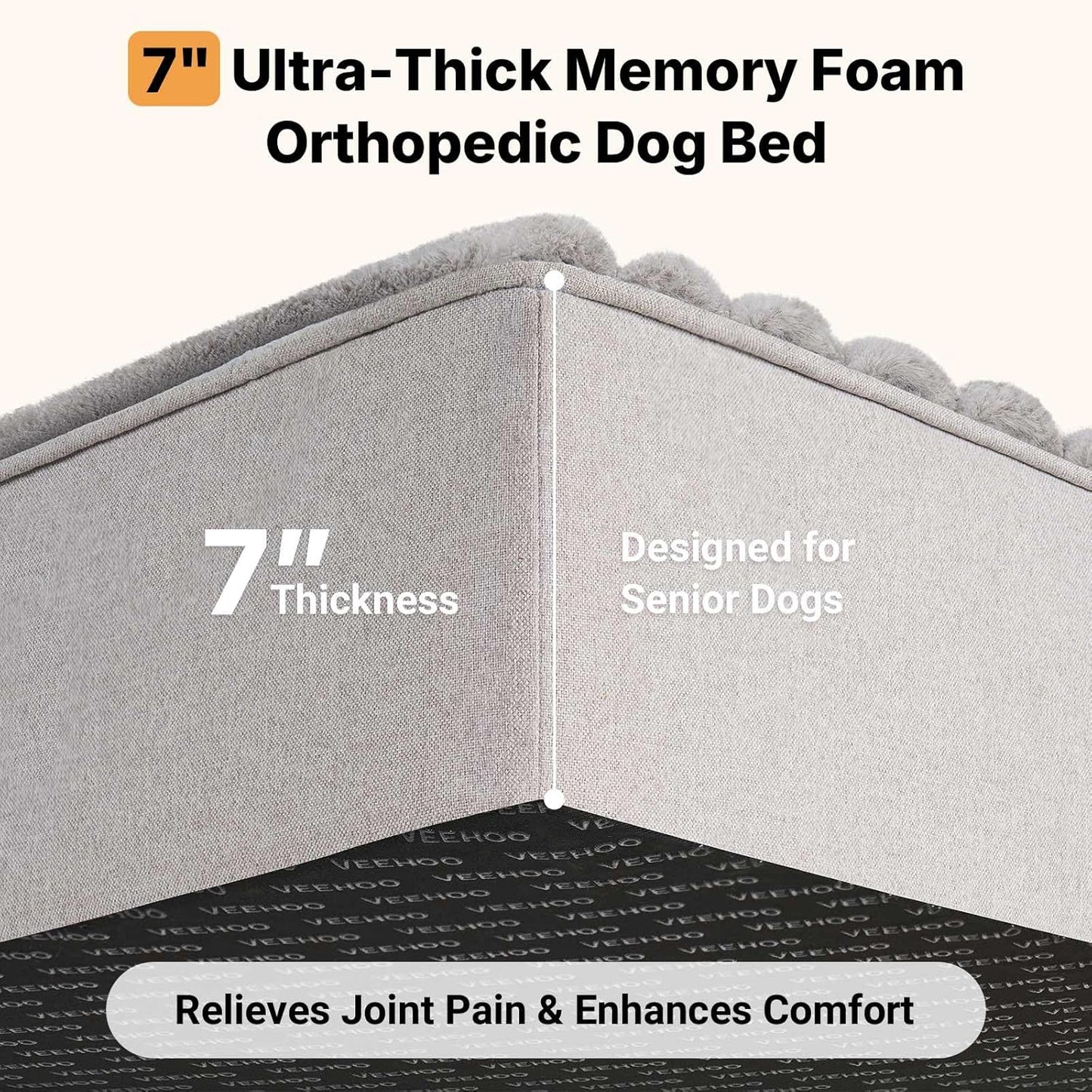 Veehoo Orthopedic Memory Foam Dog Bed, 7 Inch Thick Extra Large Dog Bed XL for Senior Dogs with Ultra-Soft Fluffy Surface, Waterproof Liner, Removable Washable Cover and Non-Slip Bottom, 48"x30"x7"
