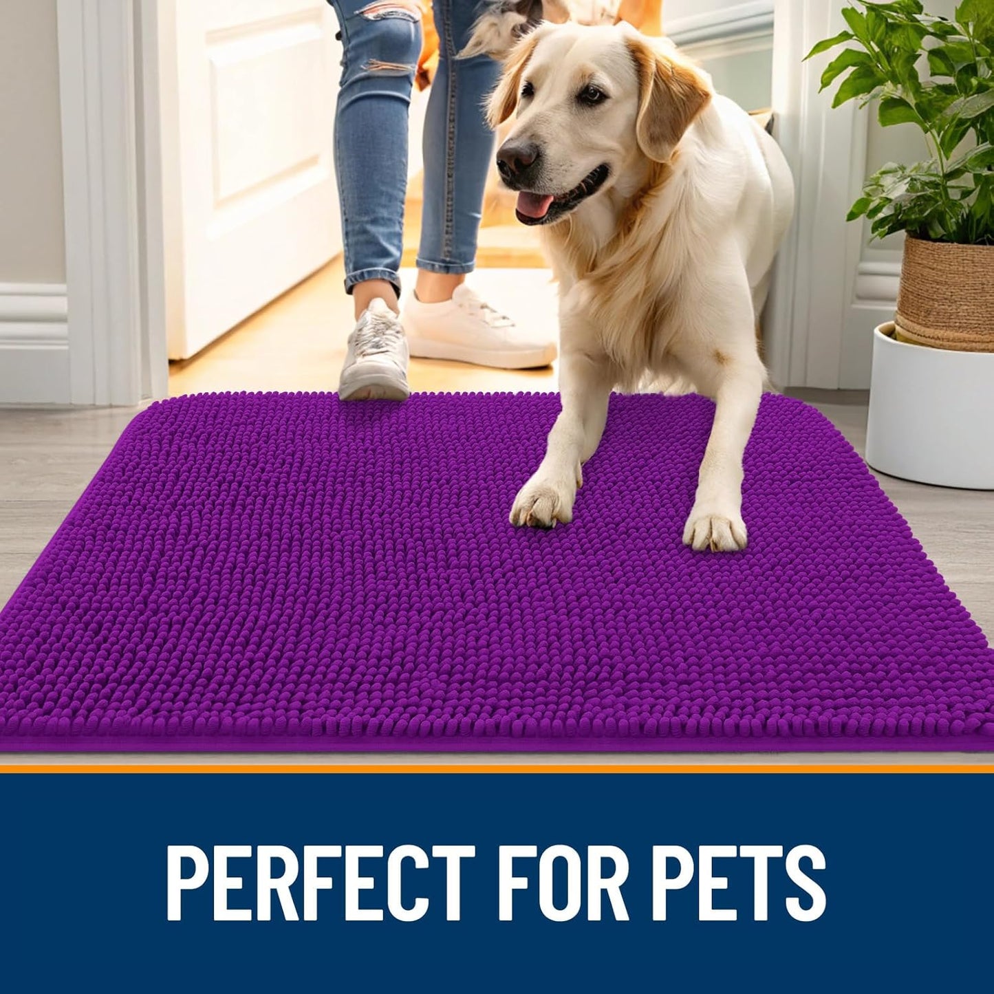 OLANLY Dog Door Mat for Muddy Paws 47x24, Absorbs Moisture and Dirt, Absorbent Non-Slip Washable Doormat, Quick Dry Chenille Mud Mat for Dogs, Entry Indoor Entryway Carpet for Inside Floor, Purple
