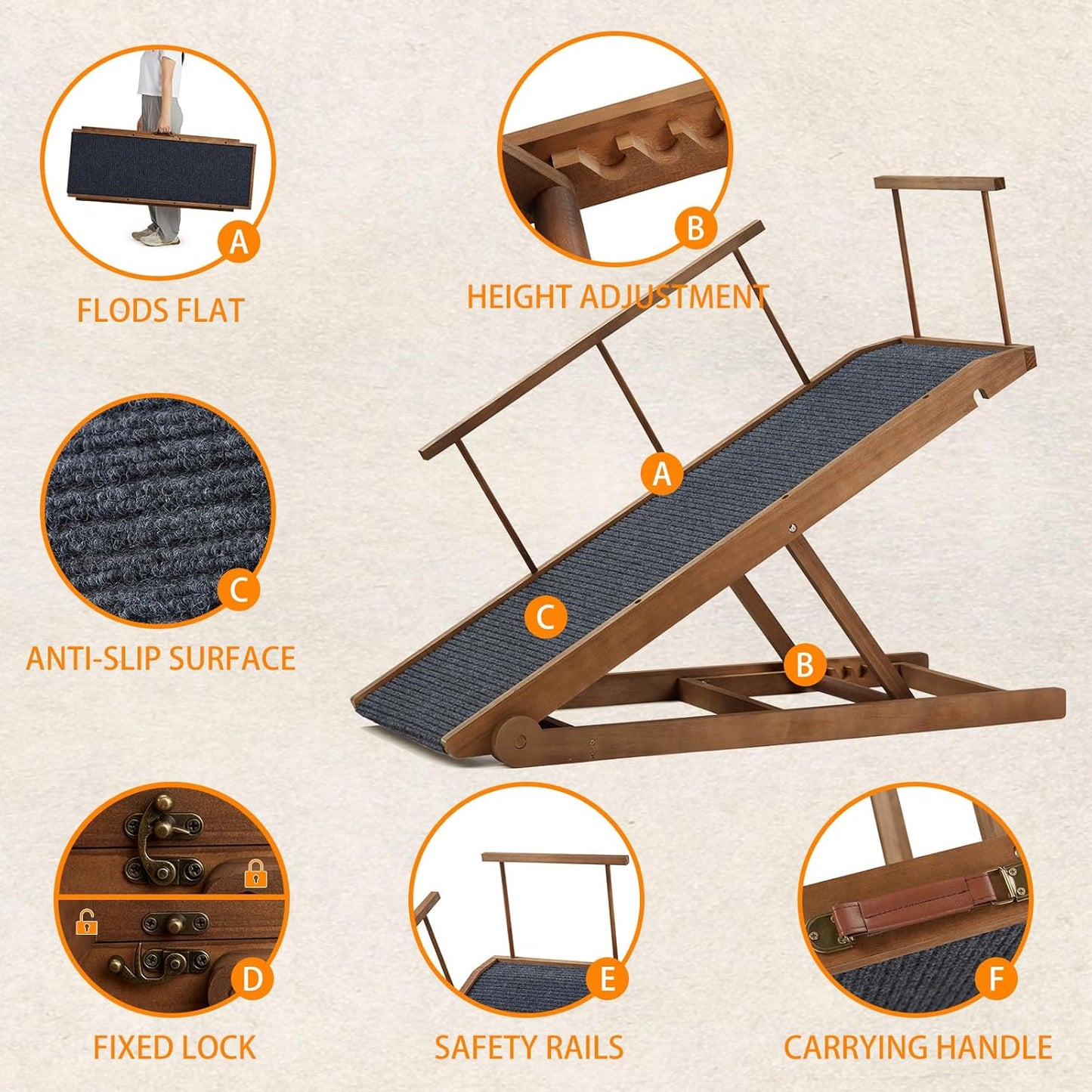 Dog Ramp for Bed Couch - Pet Steps Stairs to Get on Bed Couch 15.7"-23.6" High for Small or Large Dog Up to 200 lbs, Adjustable Wooden Dog Ramp Steps Foldable Portable, Anti-Slip Carpet (Brown)