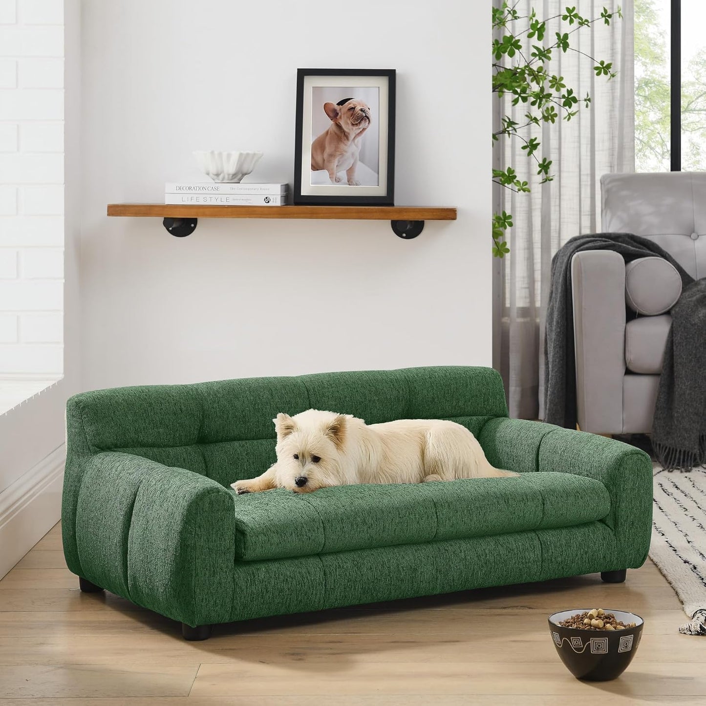 Dog Couch Bed, Mini Sofa for Dogs with Backrest and Armrest, Durable Pet Sofa with Soft Foam Cushion, Elevated Dog Couch Bed with Legs for Medium and Large Dogs, Emerald Green