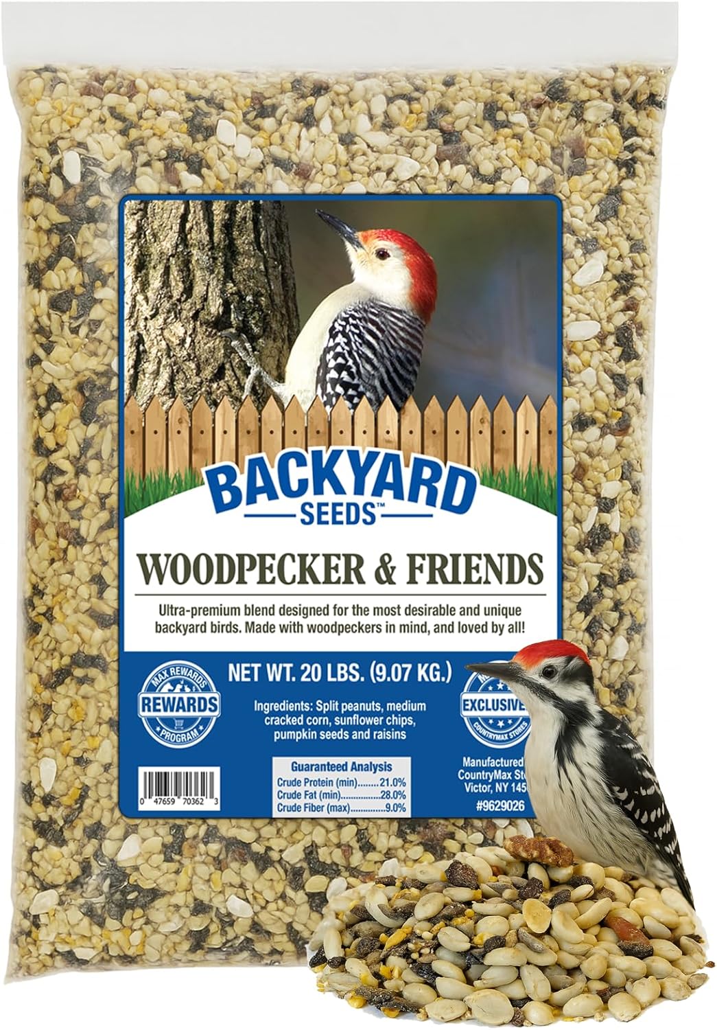 Backyard Seeds Woodpecker No Waste Mix Shelled Peanuts Mixed Bird Seed with Sunflower Chips, Pumpkins, Raisins (20 Pounds)