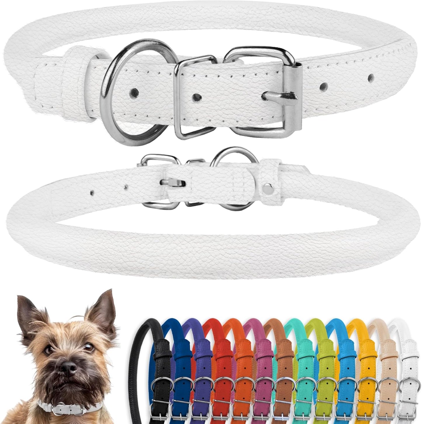 CollarDirect Rolled Leather Dog Collar, Soft Padded Round Puppy Collar, Handmade Genuine Leather Collar Dog Small Large Cat Collars 13 Colors (6-7 Inch, White Textured)