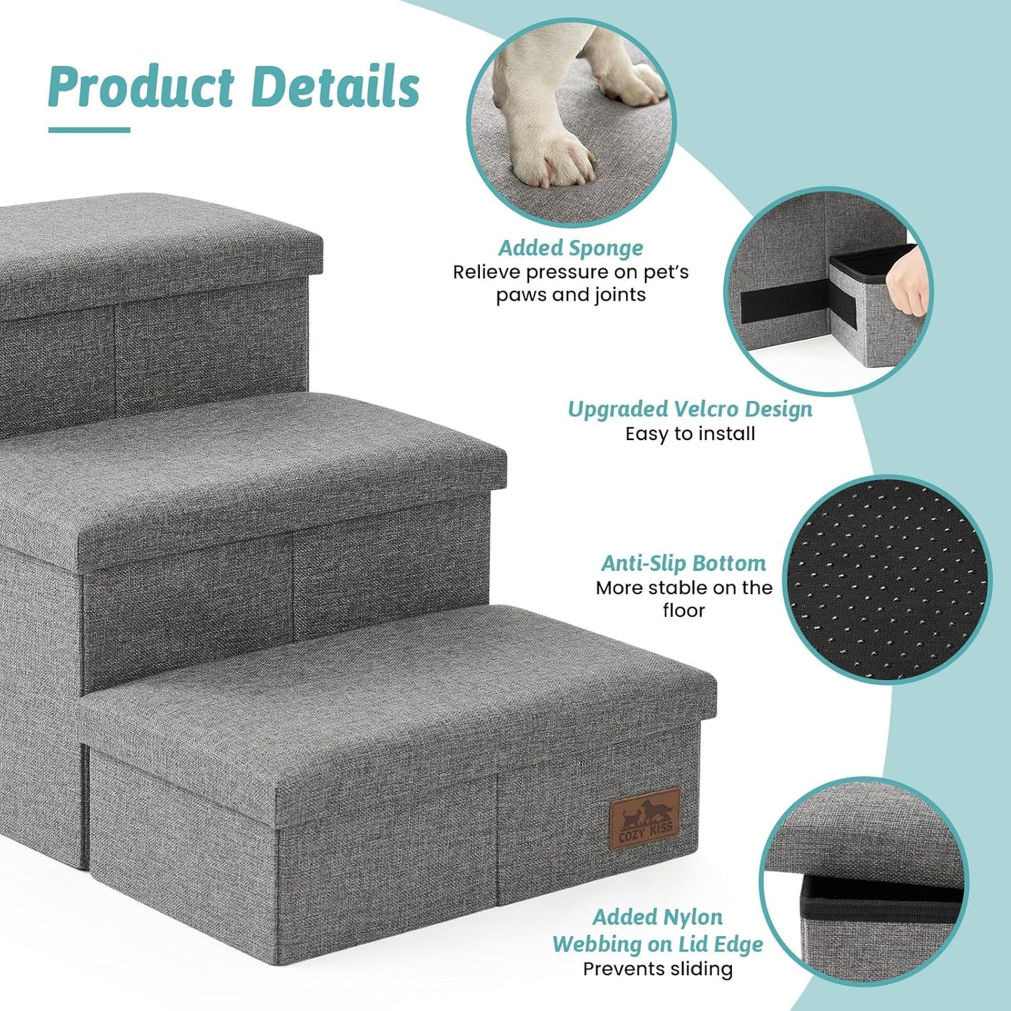 Dog Stairs with Storage, 3-Step Wider Sturdy Dog Steps for Small/Medium/Large Dogs and Older Cats, Folding Doggie Ramp for Bed/Couch/Car Hold Up to 180 lbs (16.7" H, Grey)