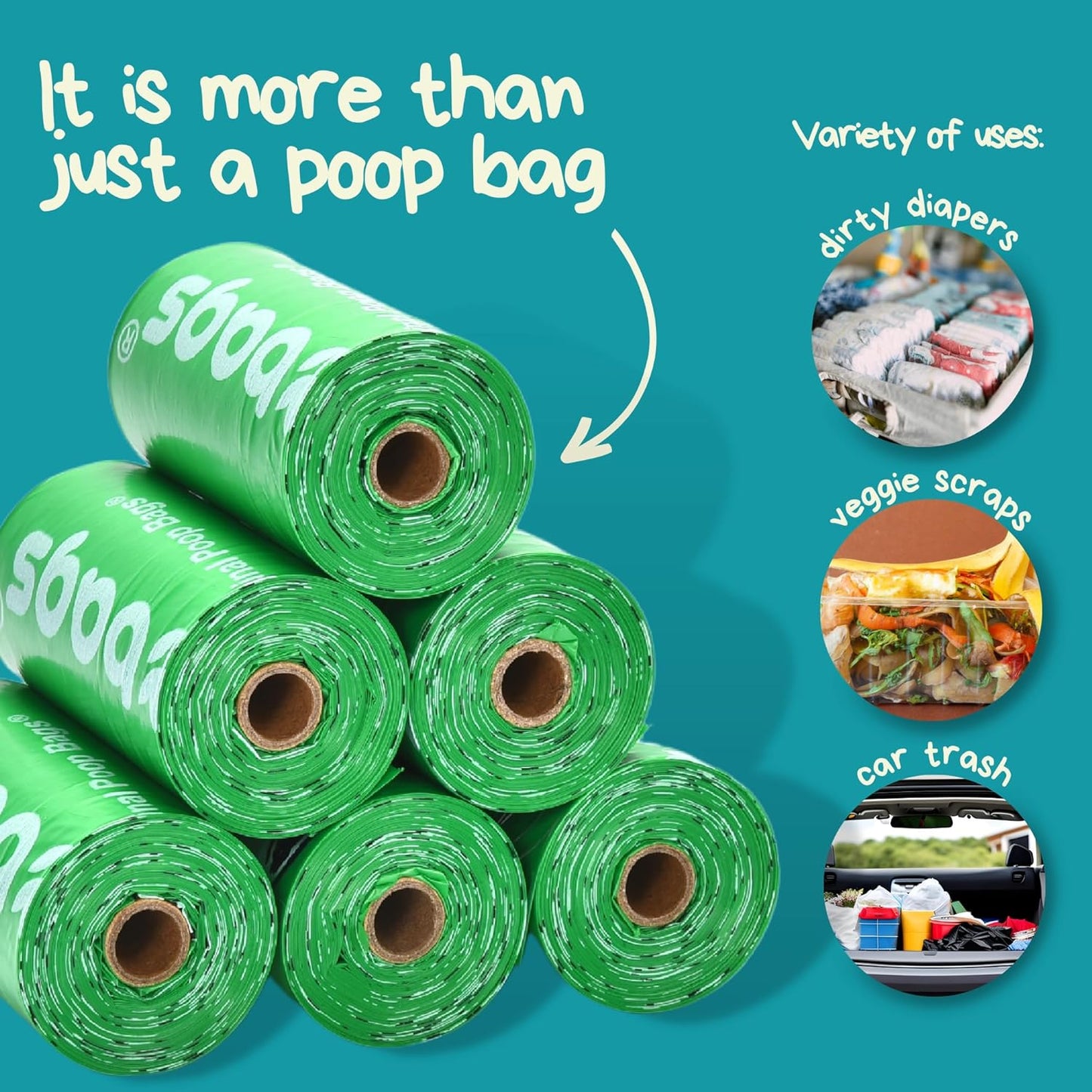The Original Poop Bags® 38% USDA Biobased Pet Waste Bags, Peanuts Design, Leak-Resistant & Durable, Black/Green, 360 Count