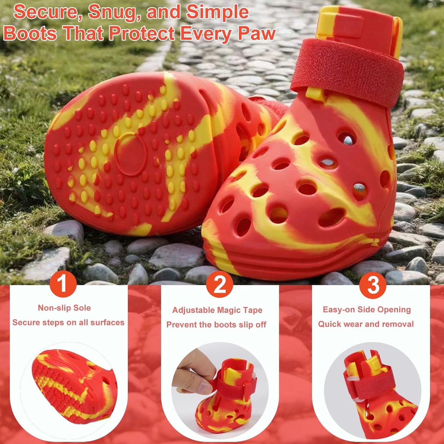 Dog Shoes for Hot Pavement and Snow, Silicone Dog Booties for Small Medium Large Dogs, Waterproof Paw Protectors- Non-Slip, Adjustable Straps, Dog Boots for Beach/Rain/Hiking (Yellow Red, L)