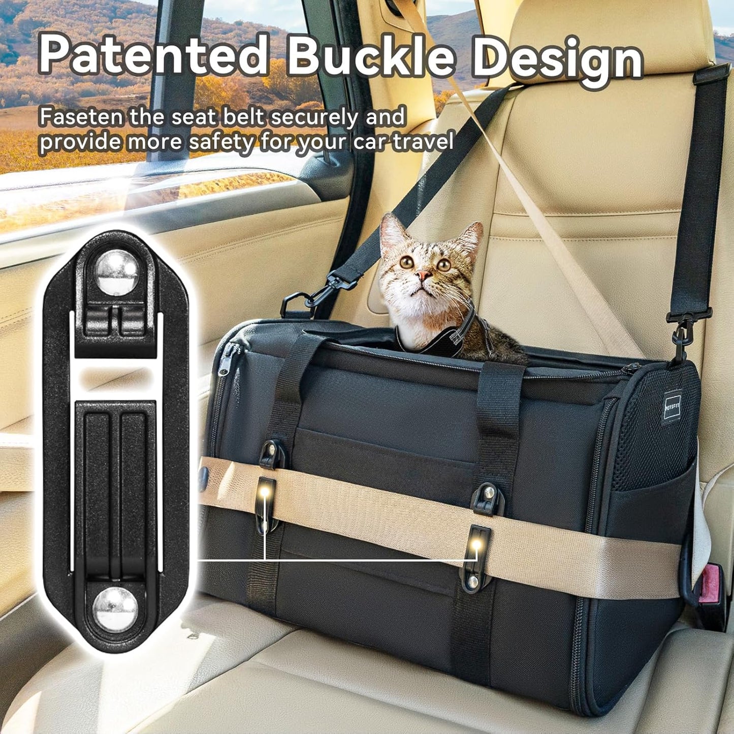 PETSFIT Soft-Sided Cat Carriers & Car Seats with Patent Safe Buckles, Clip-On Harness, 18"x11"x11" Airline Approved Pet Carrier - 9 lbs Capacity (Black)