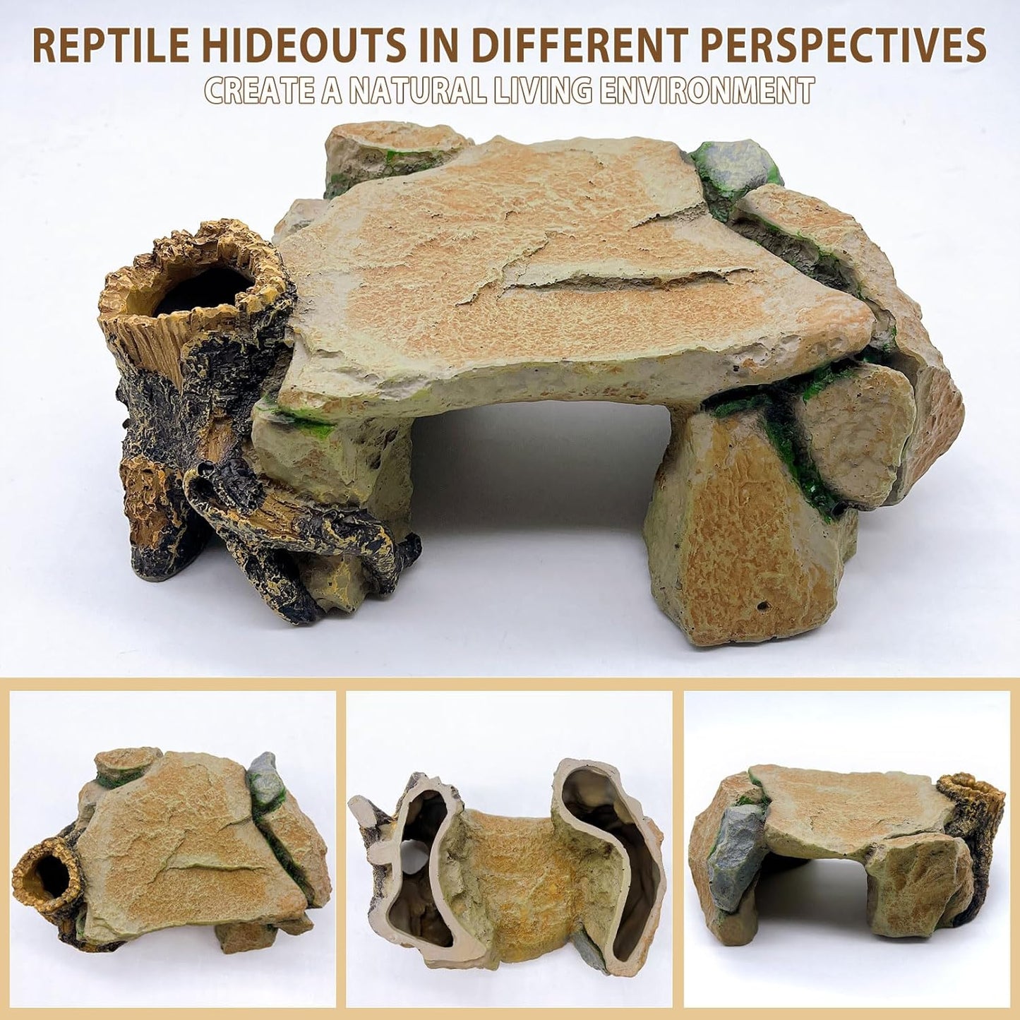 BNOSDM Reptile Hide Cave, Turtle Basking Platform, Terrarium Resin Rock Decor, Lizard Hideout Rocks Tank Accessories for Bearded Dragons, Snake, Leopard Gecko, Tortoise, Axolotls