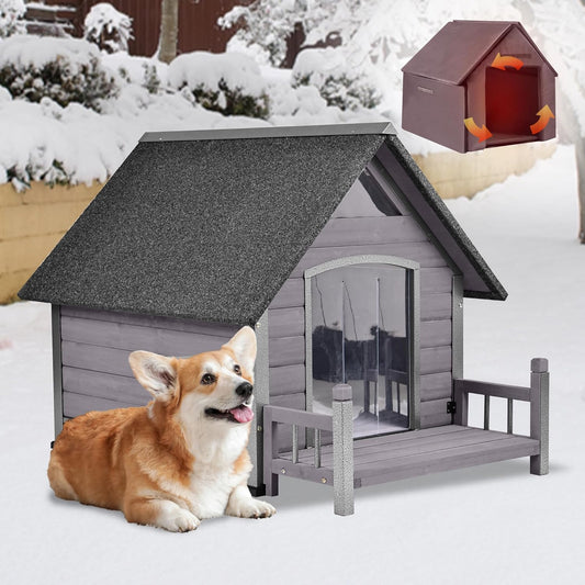 GUTINNEEN Insulated Dog House Outdoor, Waterproof Dog Kennel with Anti-Bite Design, Asphalt Roof, Elevated Base, PVC Curtain, for Small to Medium Dogs - Grey