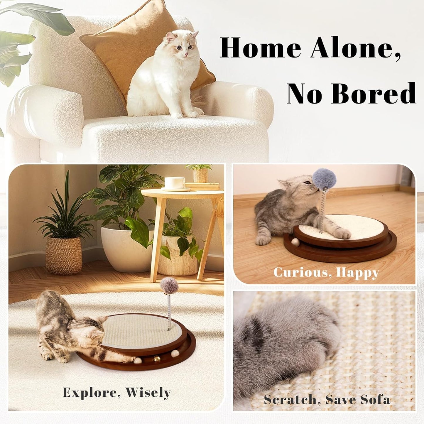 Cat Scratcher, Cat Natural Sisal Scratching Pad, Kitten Interactive Toy with Ball Track Spring Ball for Chasing Hunting Mental Physical Exercise Puzzle