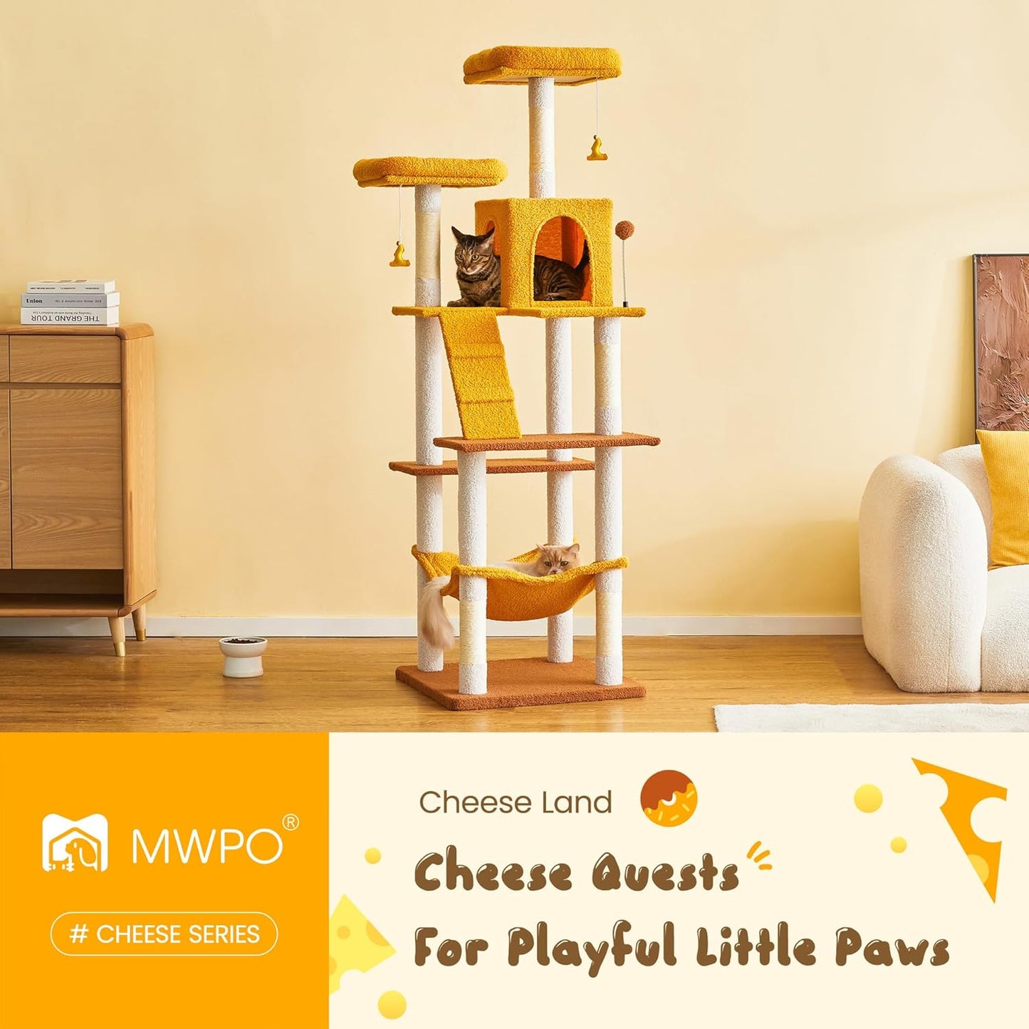 MWPO Cat Tree, 70.1-Inch Tall Cat Tower for Indoor Cats Large Adult, Multi-Level Cat Condo with 5 Scratching Posts, 2 Padded Perches, Hammock, Dangling Toys, Yellow