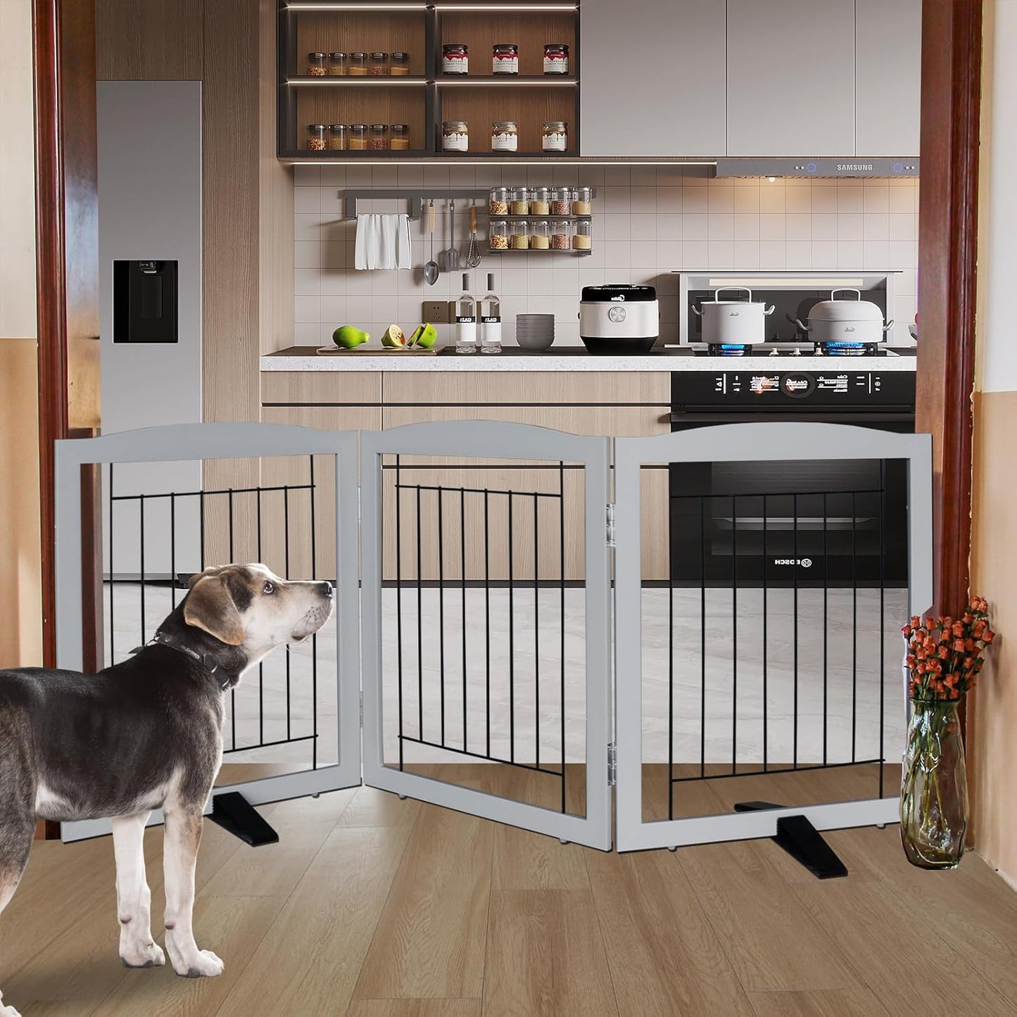 ZJSF Freestanding Dog Fence Indoor, Foldable Dog Gate for Doorways, Stairs or Hallways, Sturdy Wood Extra Wide Pet Gate with Support Feet for The House, Grey, 24 "Height-3 Panels