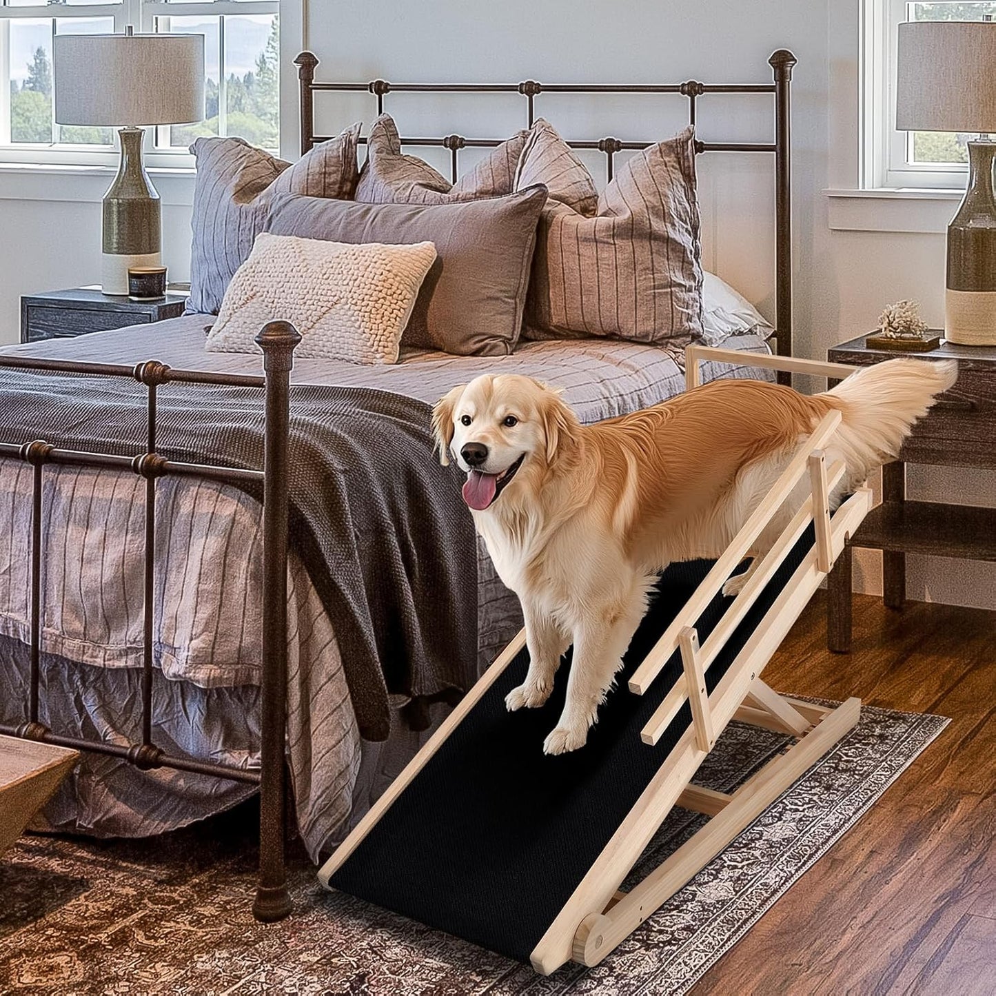 Dog Ramp, 5 Level Adjustable Wooden Folding Pet Ramp for Middle Bed, Couch,SUV-High Traction, Portable Paw Ramps for Small & Large Old Dogs & Cats - Furniture Quality