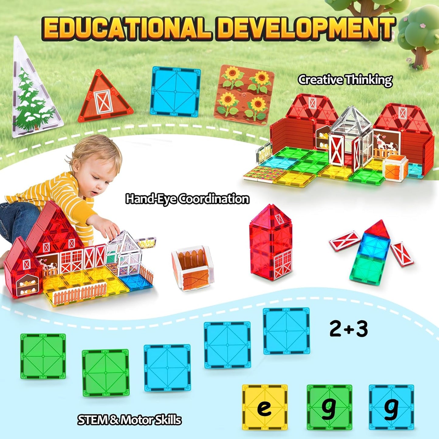 Magnetic Tiles Farm Animal Toys 66P - Build 4-Seasons Farm Scene, Farm Magnetic Blocks for Kids Ages 3-5 4-8 Boys Girls, STEM Magnet Toys for Classroom Indoor Outdoor, Kids Gift for Birthday Christmas