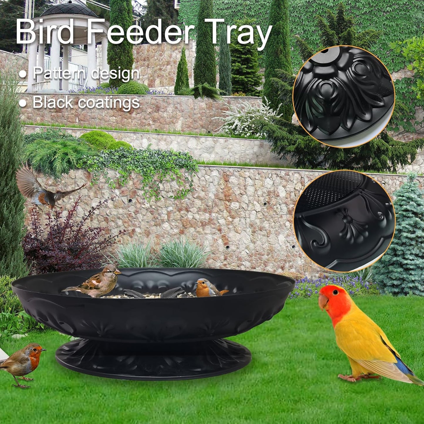 Ground Platform Bird Feeder Tray,11” Metal Large Standing Bird Feeder Mesh Seed Tray，for Outdoor Garden (Black-1 Pack)