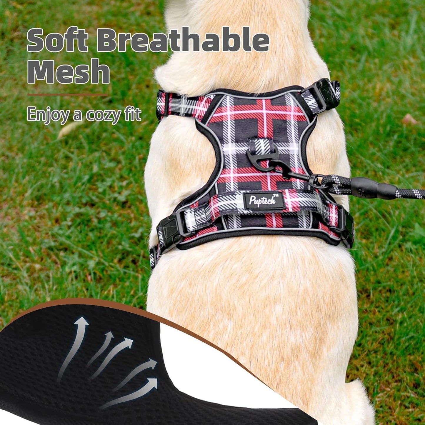 PUPTECK No Pull Dog Harness Small Sized, Adjustable Reflective Dog Harness with Handle Easy Control, Comfortable Soft Padded Pet Vest Harness for Small Dogs, Plaid Black S