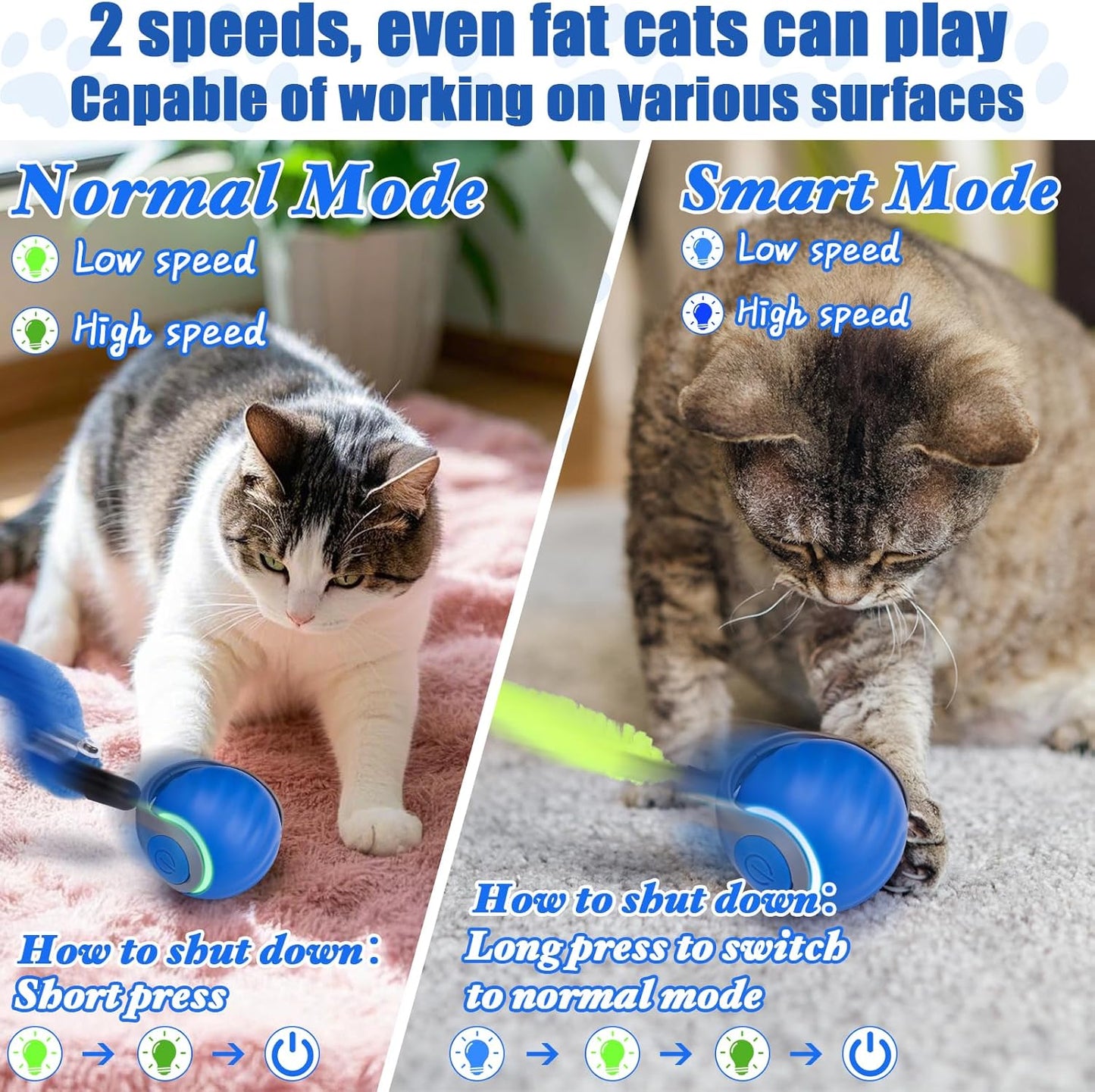 AIERSA Interactive Cat Toys for Indoor Adult Cats, Automatic Self-Play Cat Ball Toy for Kitten to Keep Them Busy, Electric Speed Tail Moving Cat Toy with 3 Tails and 4 Springs (Blue)