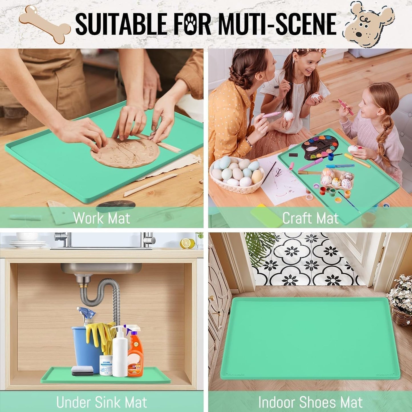 MateeyLife Dog & Cat Food Mat - Waterproof, Nonslip, Raised Edges, Silicone Tray for Messy Drinkers, 24"x16", Mint Green