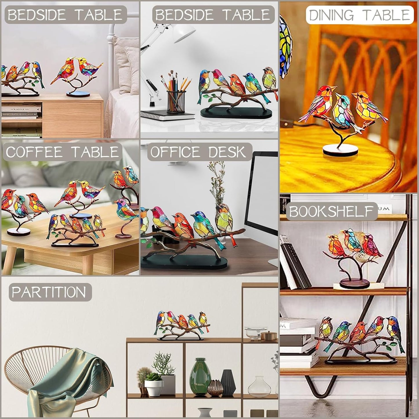 5 Birds on a Branch, Metal Desktop Decorations, Home Bird Decorations for Office, Window, Aviary, Garden, Gifts for Bird Lovers, Boxed Set.