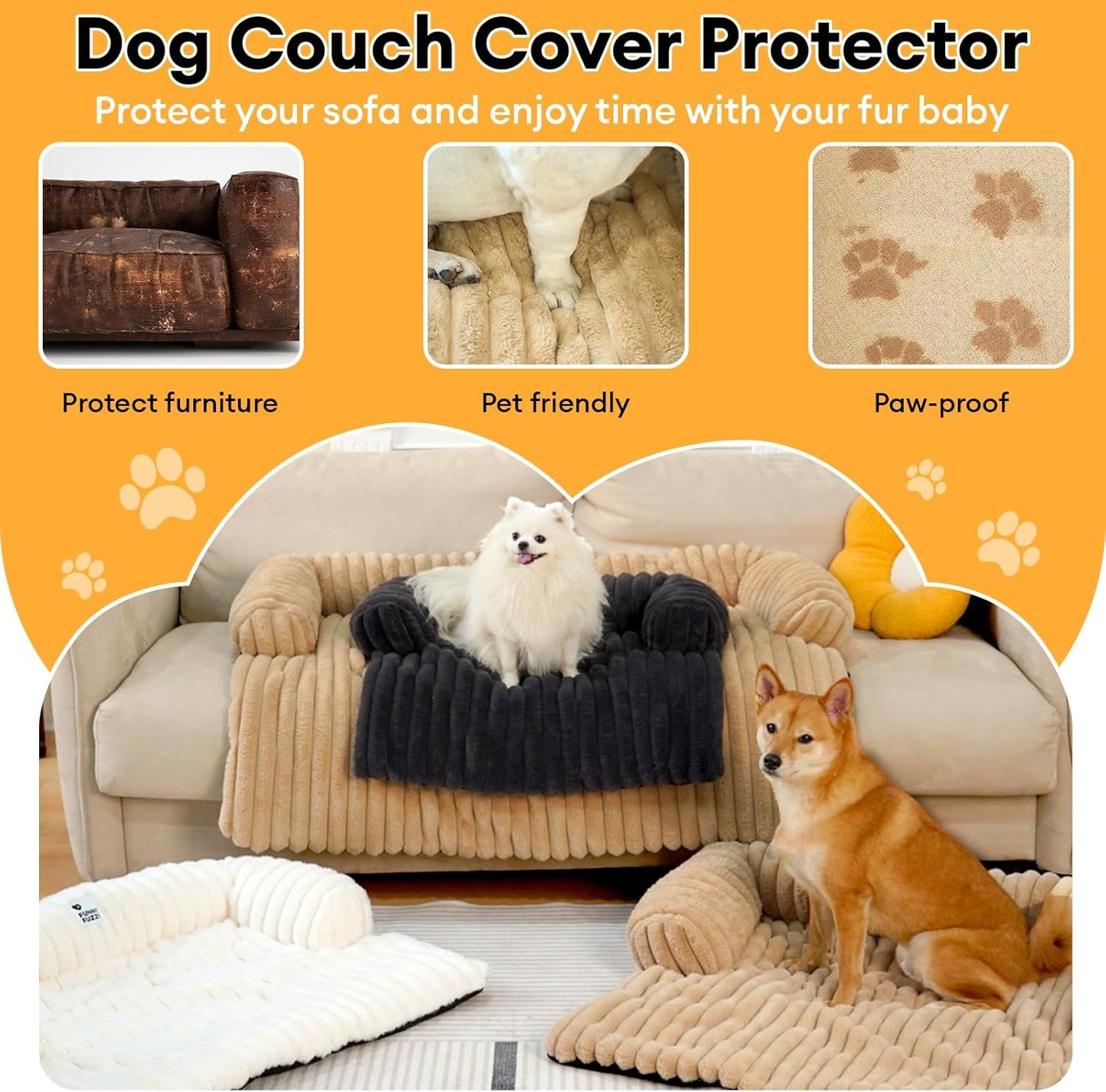FUNNY FUZZY Pet Couch Cover for Sofa, Calming Dog Bed for Couch, Fluffy Plush Dog Couch Mat for Furniture Protector for Medium Dogs and Cats, 33×28 in, Khaki