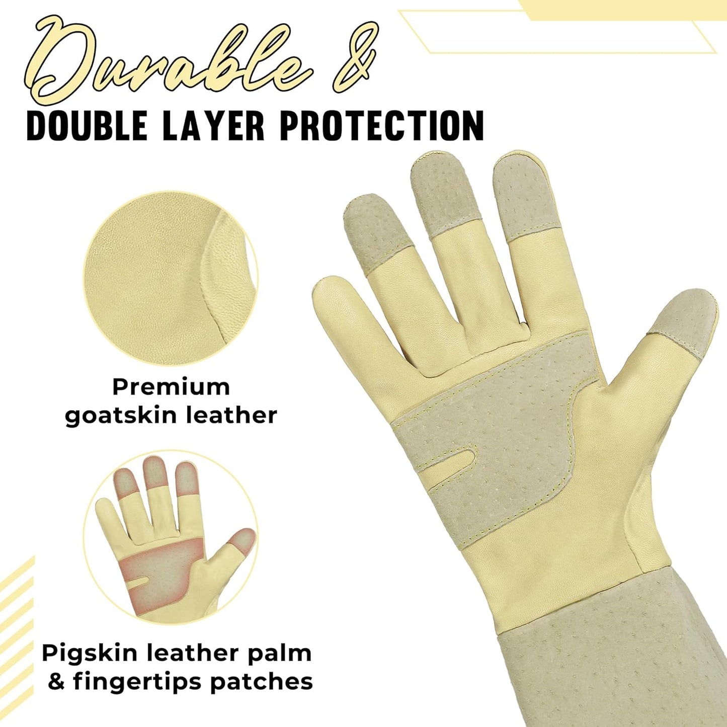 HANDLANDY Rose Pruning Gardening Gloves for Men Women, Thorn Proof Forearm Protection Leather Garden Gloves, Gardening Gifts for Gardeners (Beige- goatskin, Large (Pack of 1))