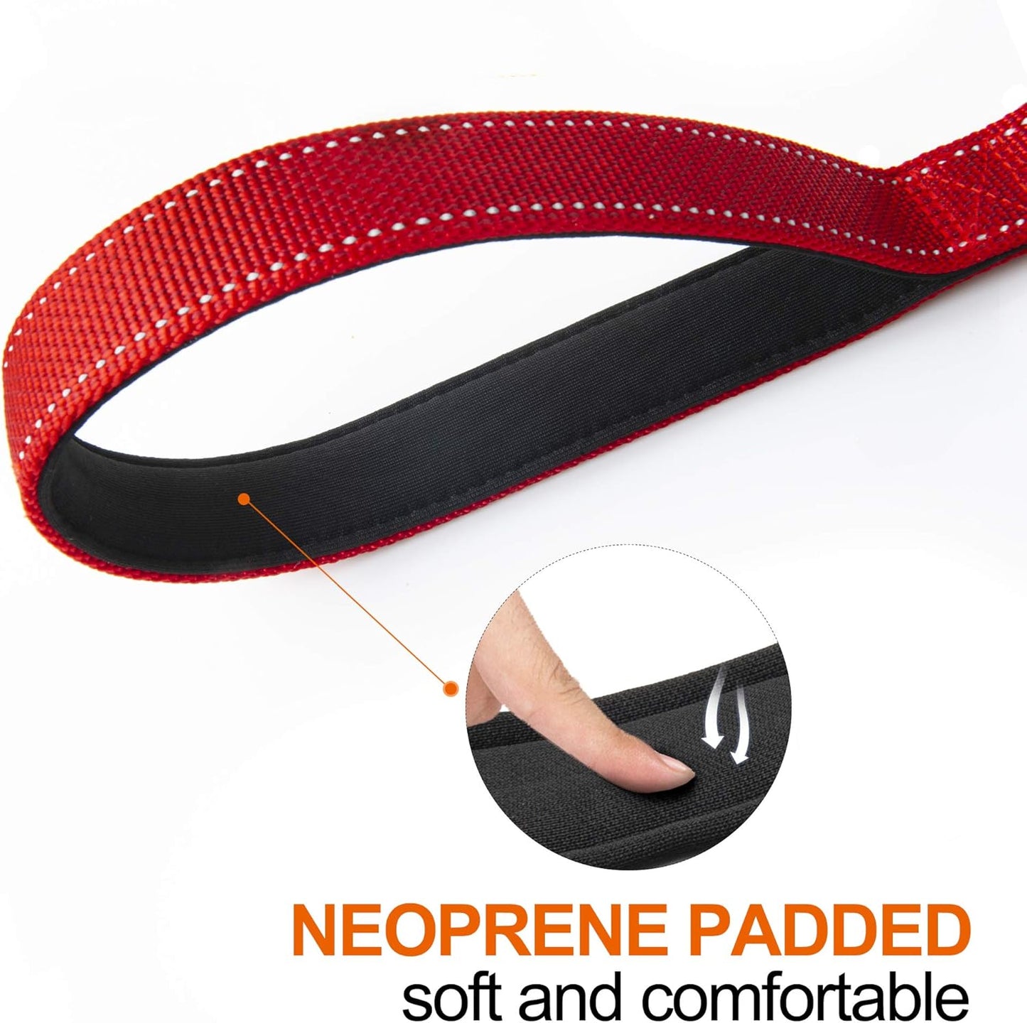 TwoEar 6FT 1IN Strong Red Dog Leash with 2 Padded Handles, Traffic Handle Extra Control, Comfortable Soft Dual Handle, Auto Lock Hook, Reflective Walking Lead for Small Medium and Large Dogs