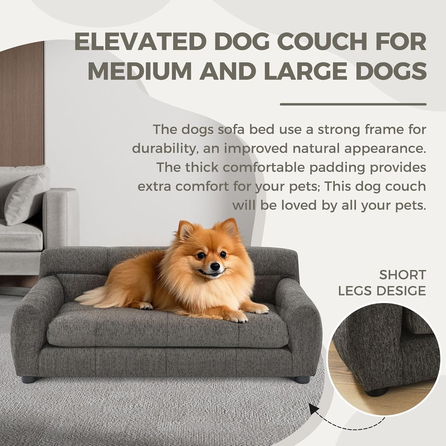 Dog Couch Bed, Mini Sofa for Dogs with Backrest and Armrest, Durable Pet Sofa with Soft Foam Cushion, Elevated Dog Couch Bed with Legs for Medium and Large Dogs, Stone Grey
