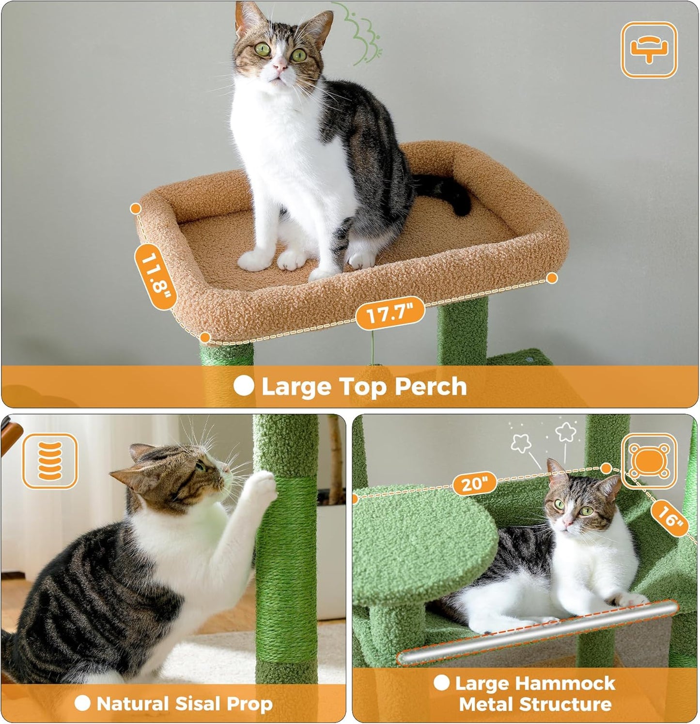 PETEPELA 56.3'' Tall Cat Tree for Indoor Cats, Cactus Cat Tower with Super Large Hammock (20''X16''), Sisal Covered Scratching Posts, Cozy Condo and Top Perch Green
