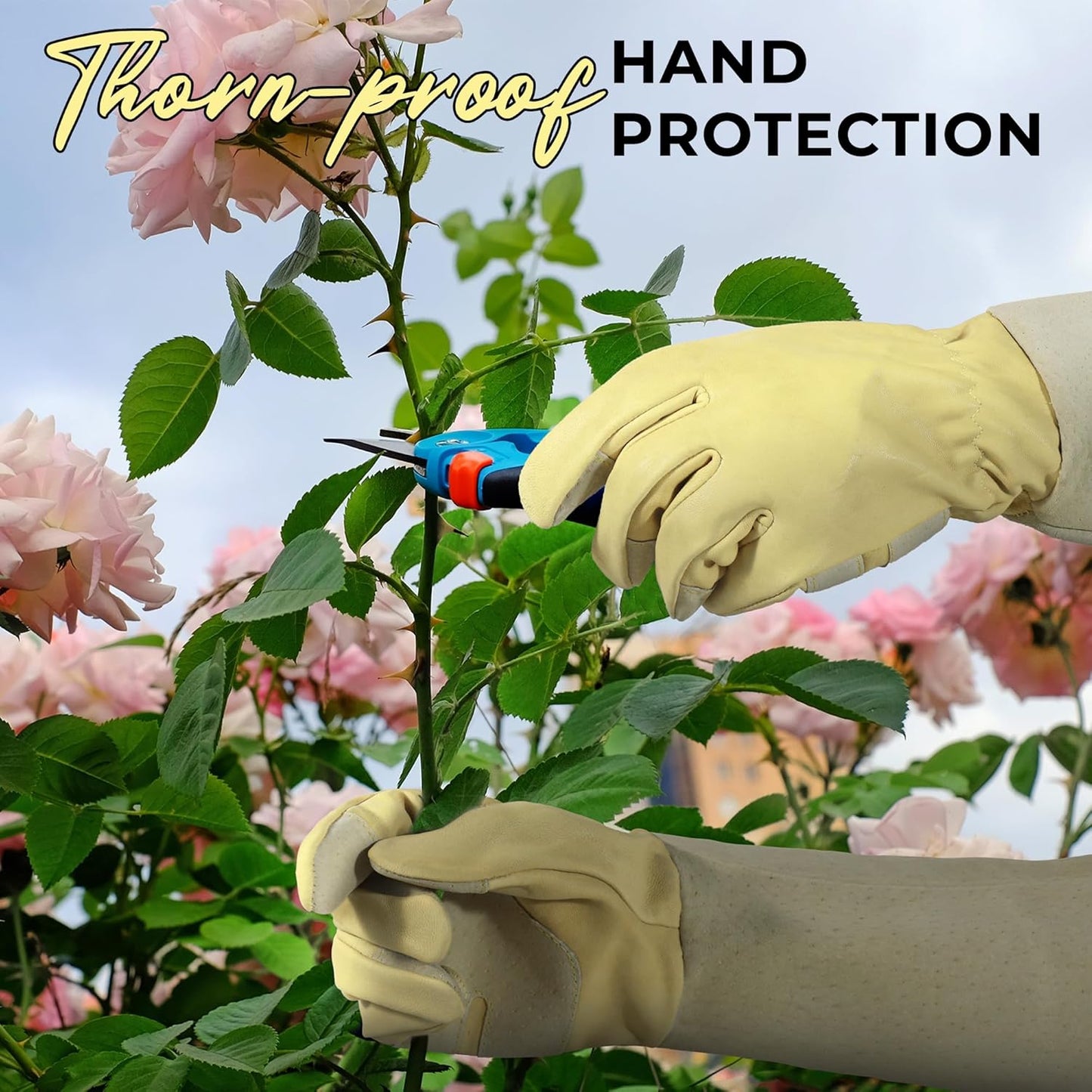 HANDLANDY Rose Pruning Gardening Gloves for Men Women, Thorn Proof Forearm Protection Leather Garden Gloves, Gardening Gifts for Gardeners (Beige- Goatskin, X-Large (Pack of 1))