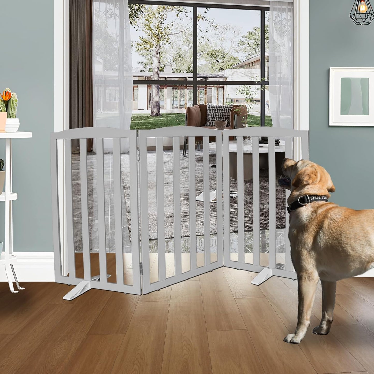 ZJSF Foldable Freestanding Indoor Dog Gate for House Wood Long Pet Gates Dog Fence for Stairs Puppy Gates for Hallways, Puppy Gate,Support Feet Included, Grey, 32 "Height-3 Panels