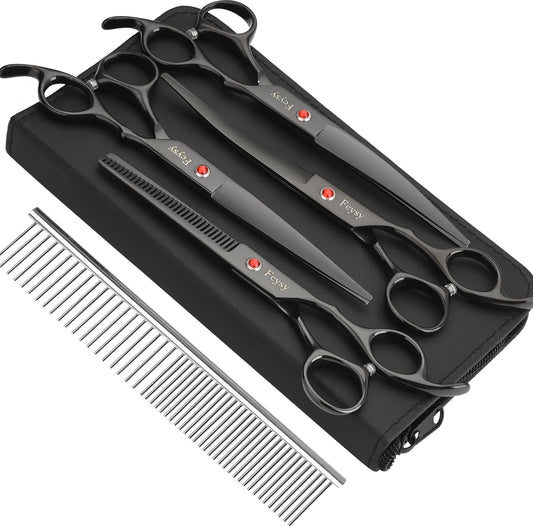 Dog Grooming Scissors Kit, Fcysy Professional Pet Hair Cutting Shears Set with Curved & Straight Blades Scissors Thinning Shears– Stainless Steel Grooming Tools for Dogs & Cats at Home