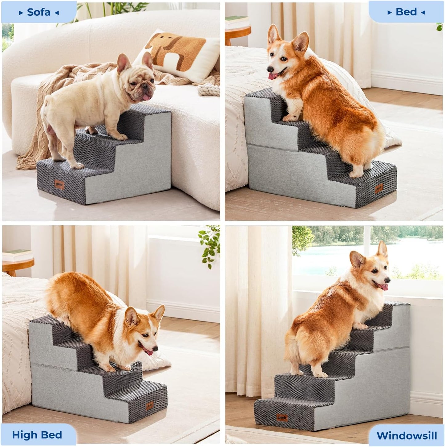 Dog Steps for Couch - Extra Wide Pet Stairs for Small Dogs and Cats, Dog Steps with Non-Slip Bottom Grey 3 Steps, Grey