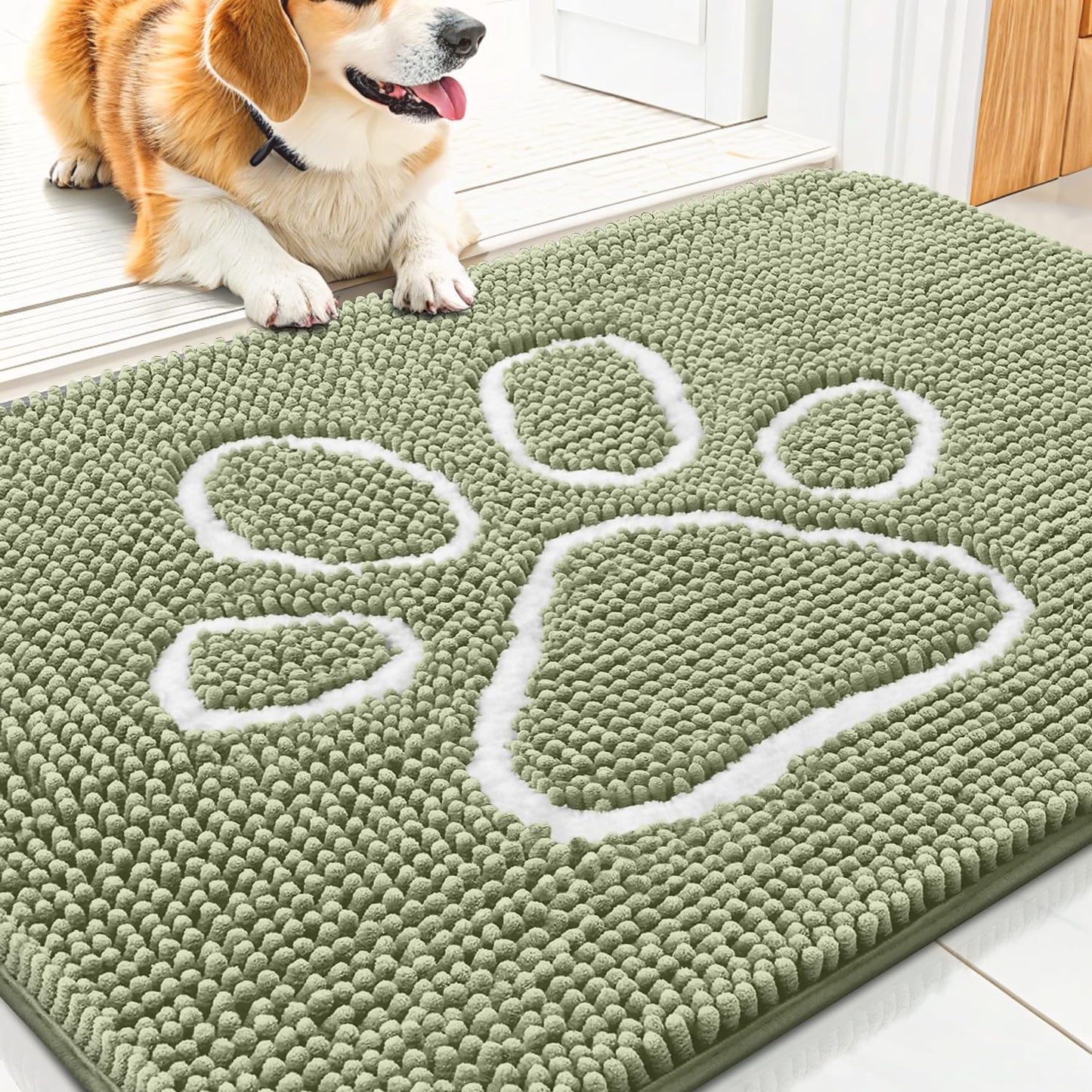 Smiry Dog Door Mat for Muddy Paws, Absorbent Dirt Trapper Non Slip Quick Dry Washable Chenille Mat for Mud Dogs, Entry Rug for Indoor and Outdoor (30x20 Inches, Sage Green)