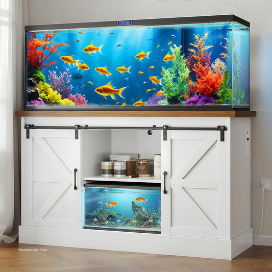 55-75 Gallon Fish Tank Stand with Sliding Barn Doors & Power Outlet, Heavy Duty Aquarium Stand with Cabinet Storage for Fish Tank, Turtle Tank, Reptile Terrarium, 1000LBS Capacity, White