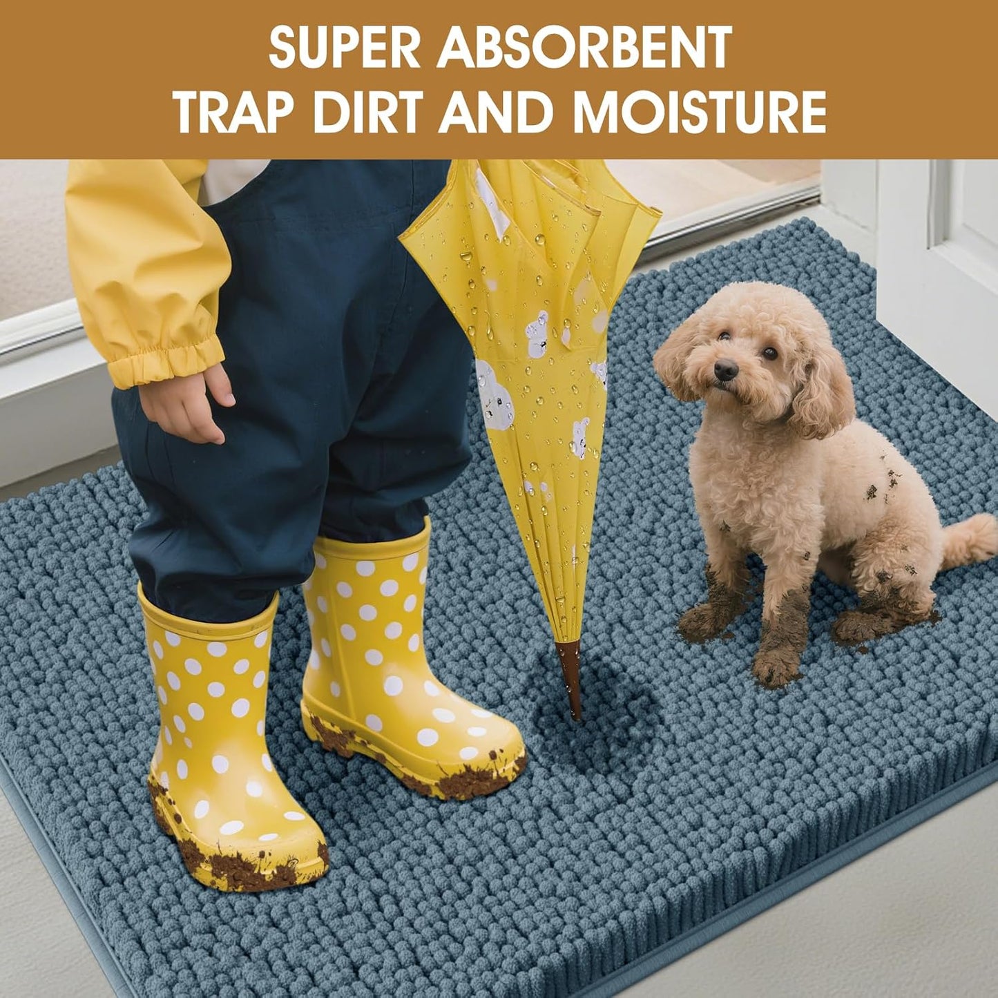 Dog Door Mats for Muddy Paws, Chenille Absorbent Door Mats, Non Slip Heavy Mud Mat for Dogs, Soft Indoor Door Mat for Entryway, Mud Paws, Inside Floor,30" X 20", Dusty Blue