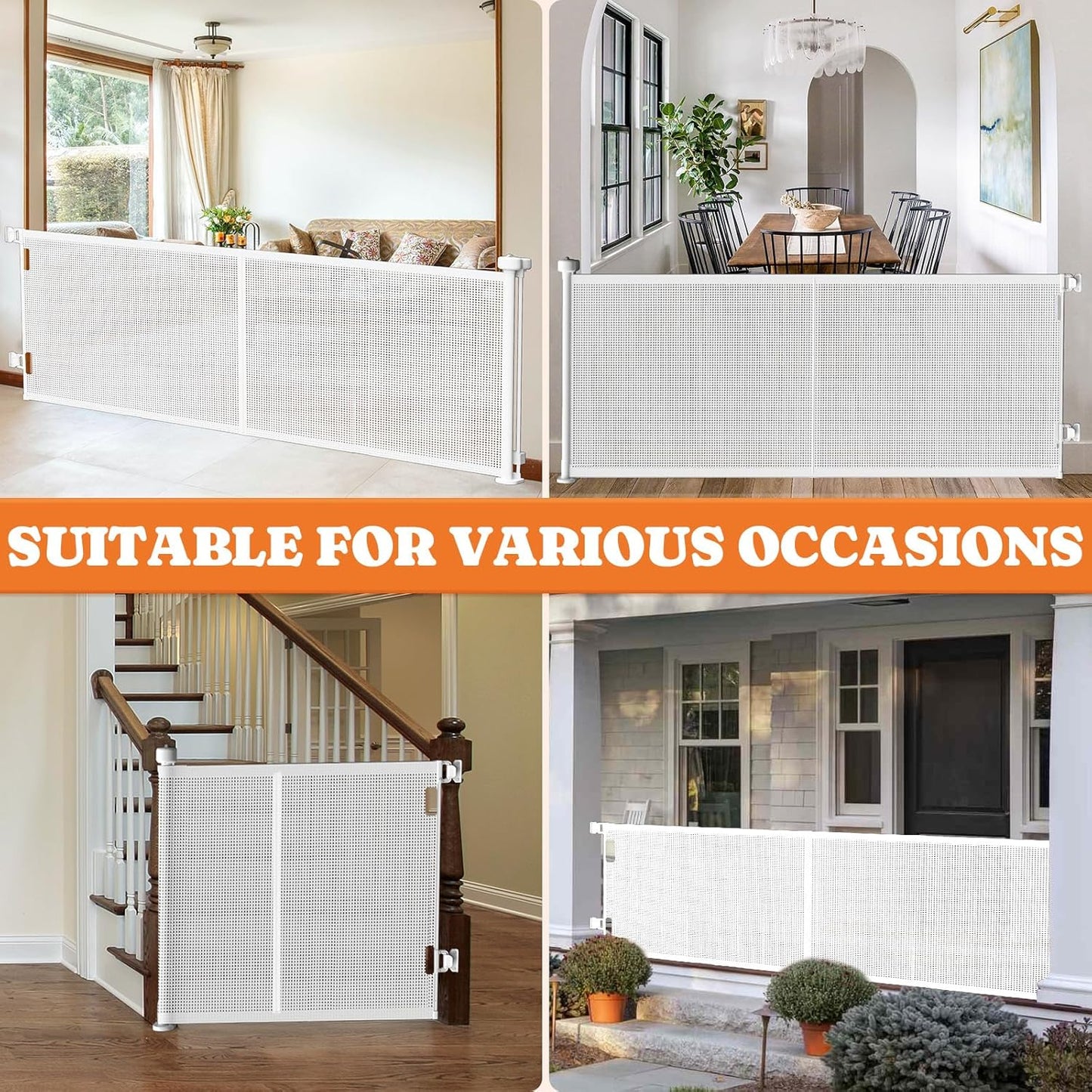 Upgrade Retractable Baby Gates, 35" Tall Extends up to 60" Wide, Mesh Dog Gate Indoor for Stairs, Outdoor Reinforced Pet Gate with Support Rods for Doorways Hallways Kitchen Bedroom, White