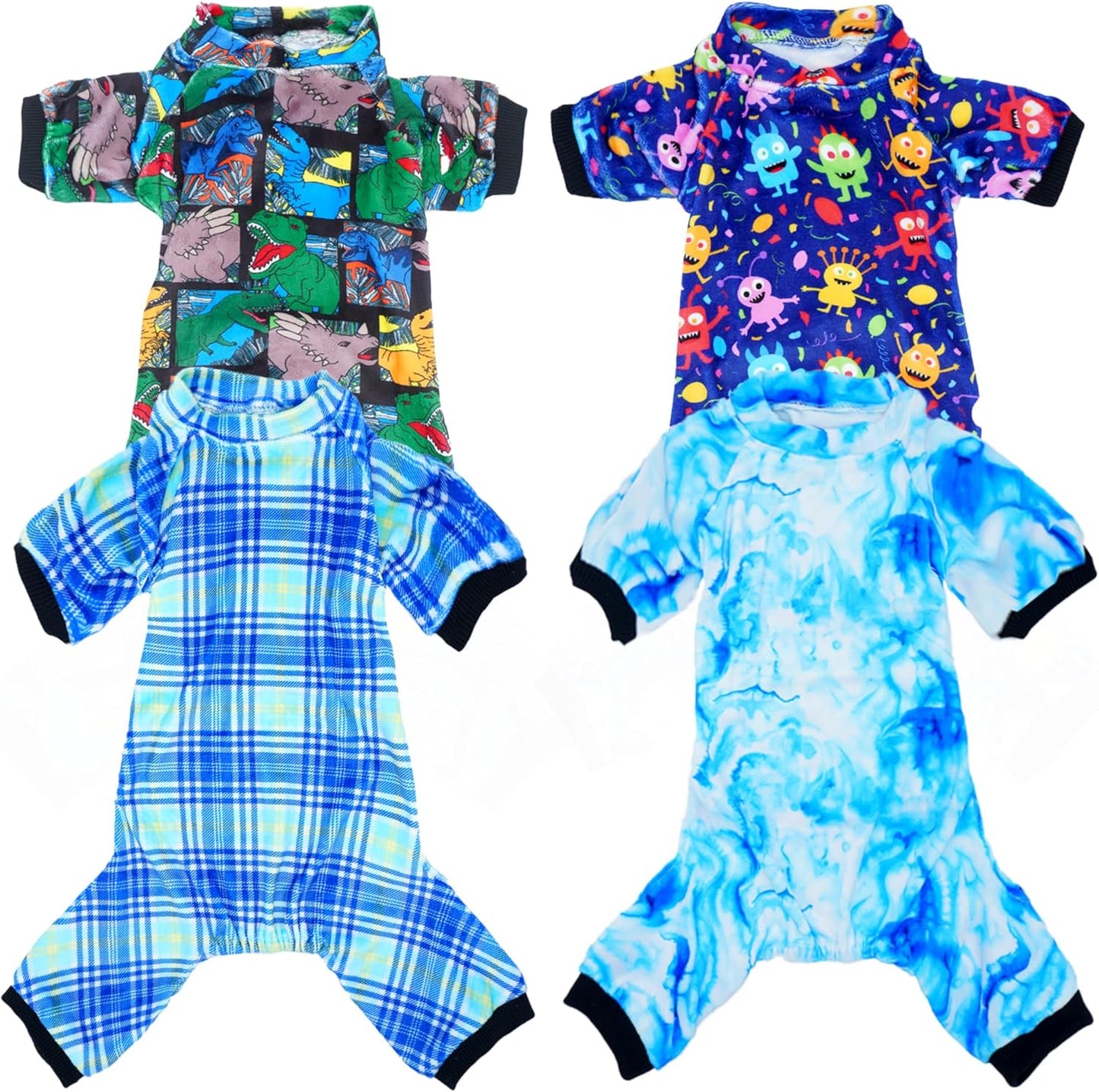 PET SHOW 4 Pack Small Dog Pajamas Cute Dinosaur Monster Clothes Doggies Soft Fleece Stretchy PJs Plaid Jumpsuit Puppy Cats Tie Dye Onesies Outfits with Sleeve Pets Dachshund Costume(XS, Blue for Boys)