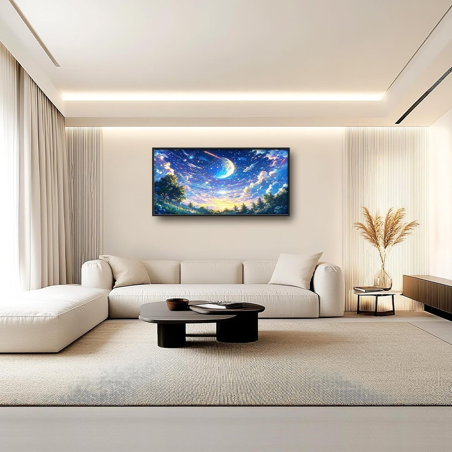 Framed Large Anime Sky Wall Art for Living Room, Oversized Fantasy Night Sky Forest Wall Decor Nature Canvas Painting Modern Artwork Home Decoration for Living Room Bedroom Office 60"x30"